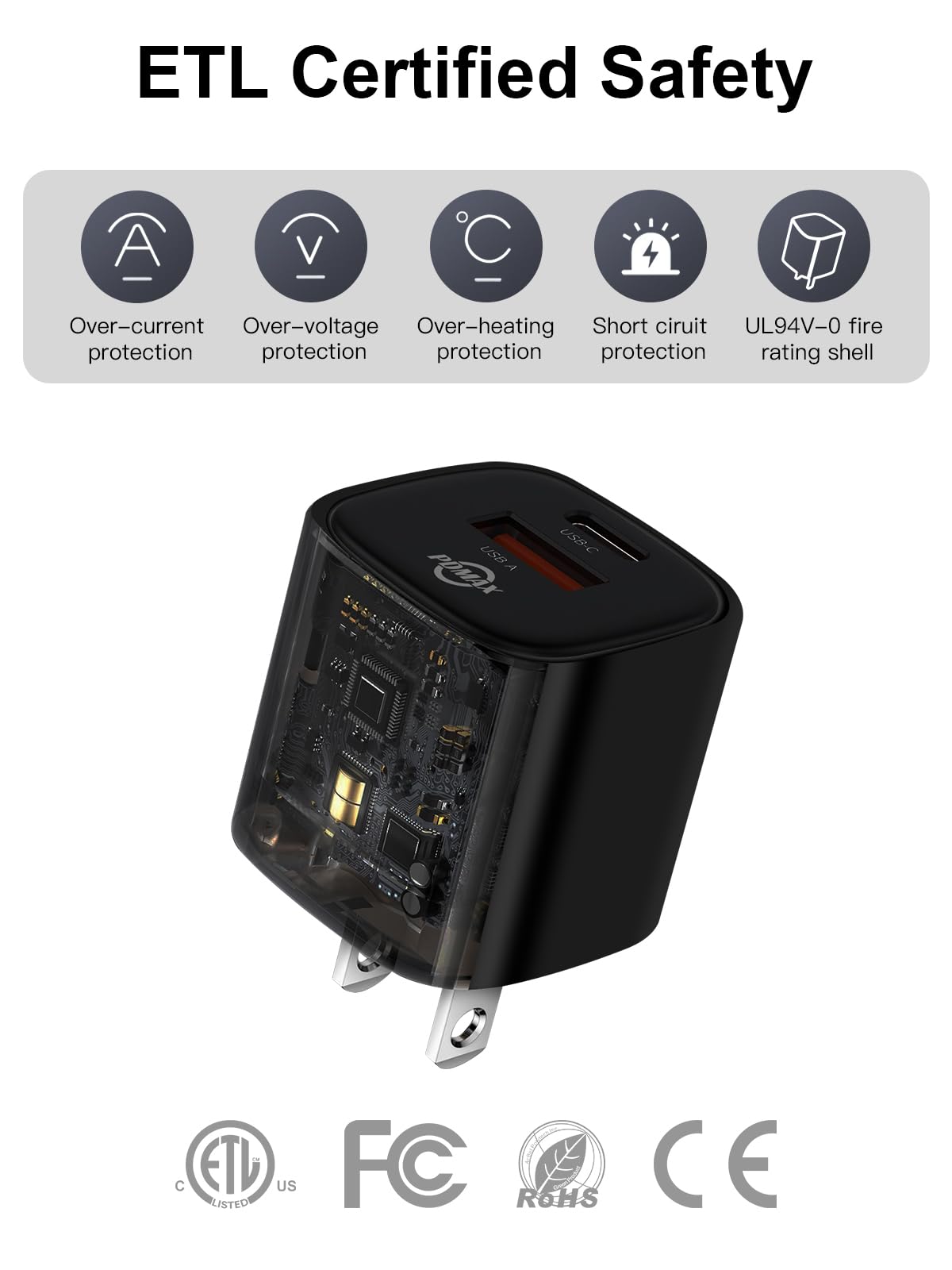 PDMAX 33W Dual Port USB C Charger Block - Fast Charging USB-C & USB-A Wall Adapter with PPS Technology | ETL Certified | Compatible with iPhone 16/15/14 Pro Max, Samsung Galaxy S23/S22, Google Pixel 8/7, iPad Pro | Perfect for Travel, Office & Home Use