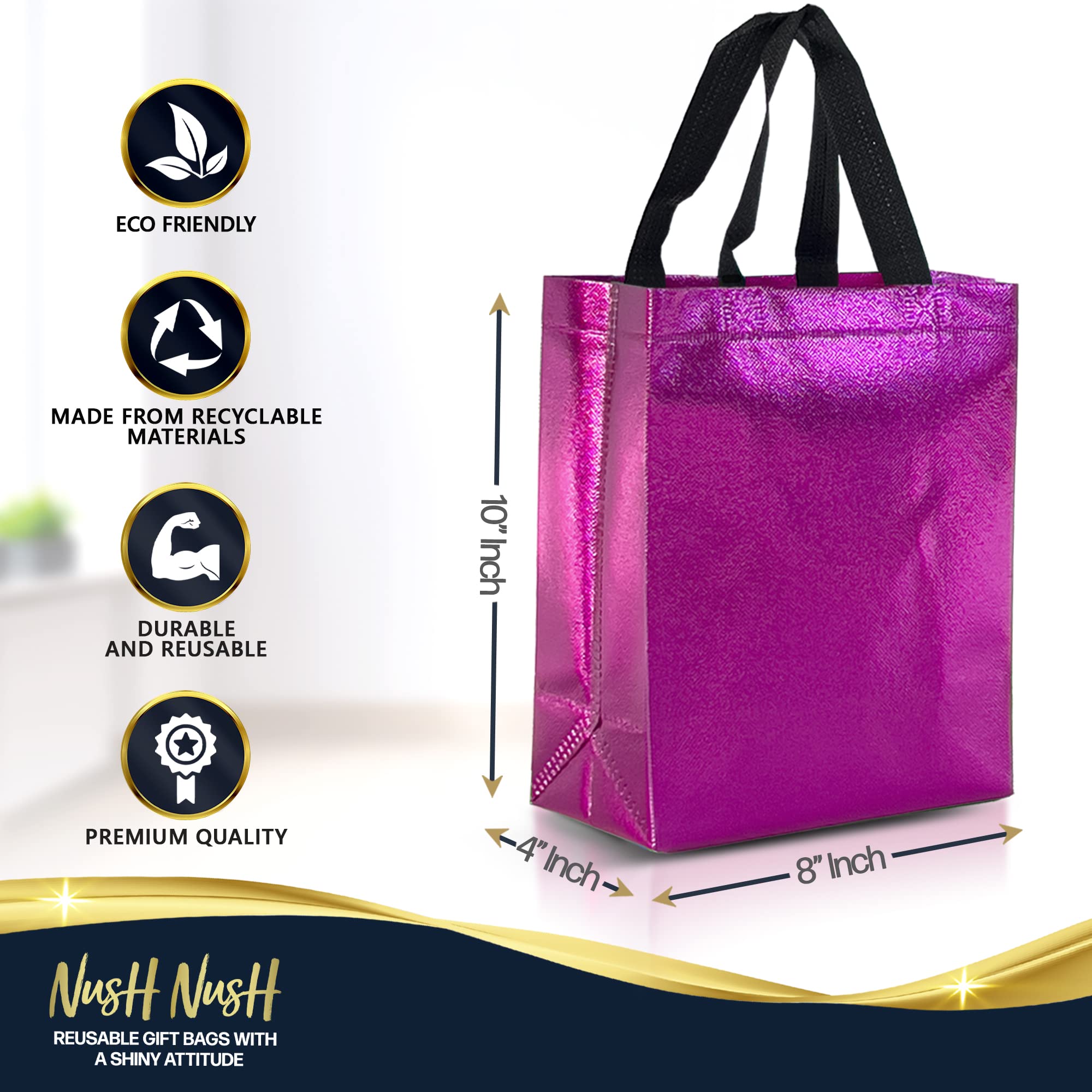 Nush Nush 12-Pack Medium Hot Pink Reusable Gift Bags with Handles - 8