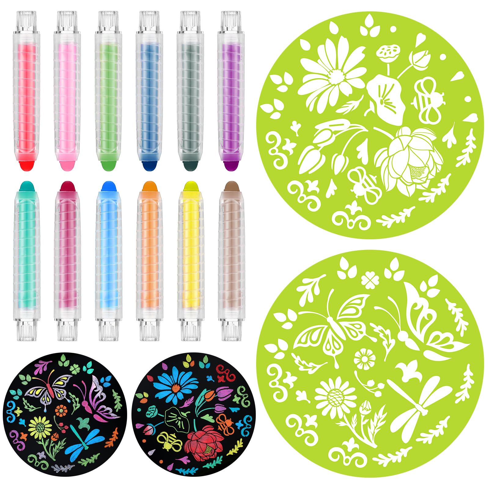 14-Piece Mandala Stencil Kit for Sidewalk Chalk Art - 20 Inch Diameter Templates with 12 Colorful Chalks & Ergonomic Holders (Flower & Butterfly Designs) - Perfect for Kids Outdoor Activities, DIY Garden Decor & Summer Sidewalk Art Projects