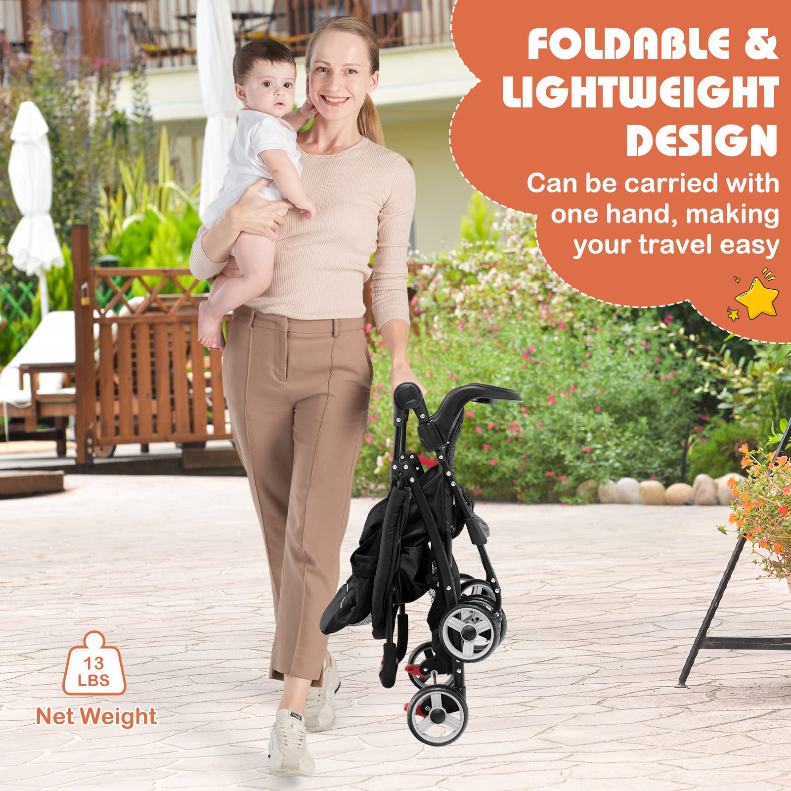 HONEY JOY Lightweight Compact Travel Stroller for Toddlers & Infants - Adjustable Canopy, Reclining Backrest, Storage Basket - Airplane Approved Foldable Umbrella Stroller (Black) | Perfect for Air Travel, Shopping, Walks & Daily Use
