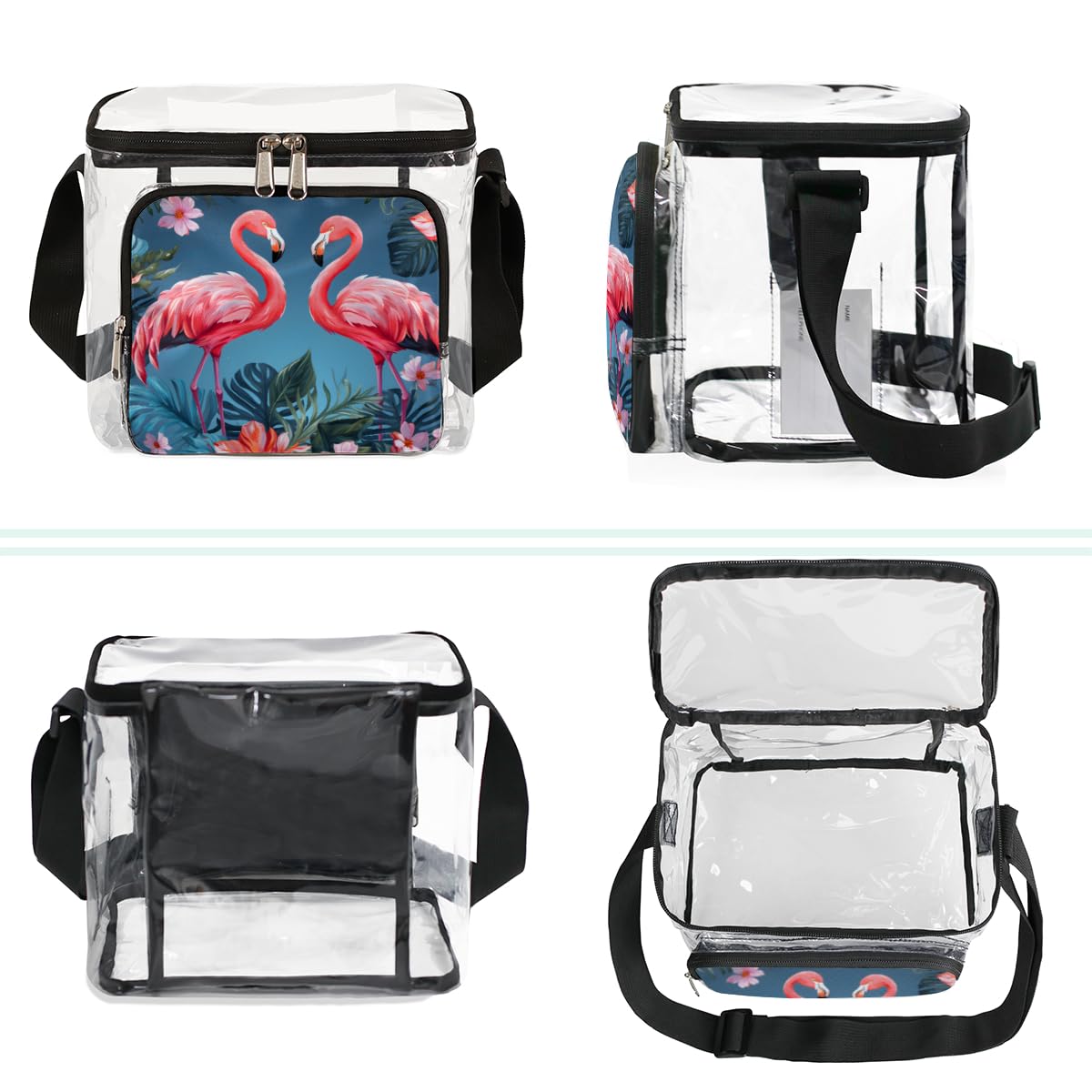 GzLeyigou Flamingo Floral Clear Tote Bag with Handles - Tropical Palm Tree Transparent Crossbody Shoulder Bag for Women - Perfect for Beach, Travel, Picnic, Concerts & Sports Events (Stadium Approved) - Waterproof Lunch Bag for Outdoor Activities