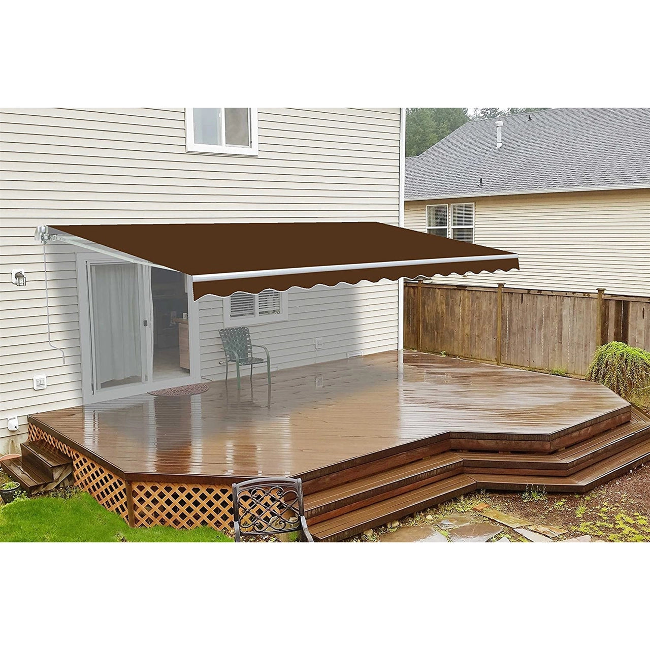Aleko 12x10 Feet Motorized Retractable Patio Awning with White Frame - Brown Outdoor Sun Shade for Deck, Garden, and Backyard Relaxation