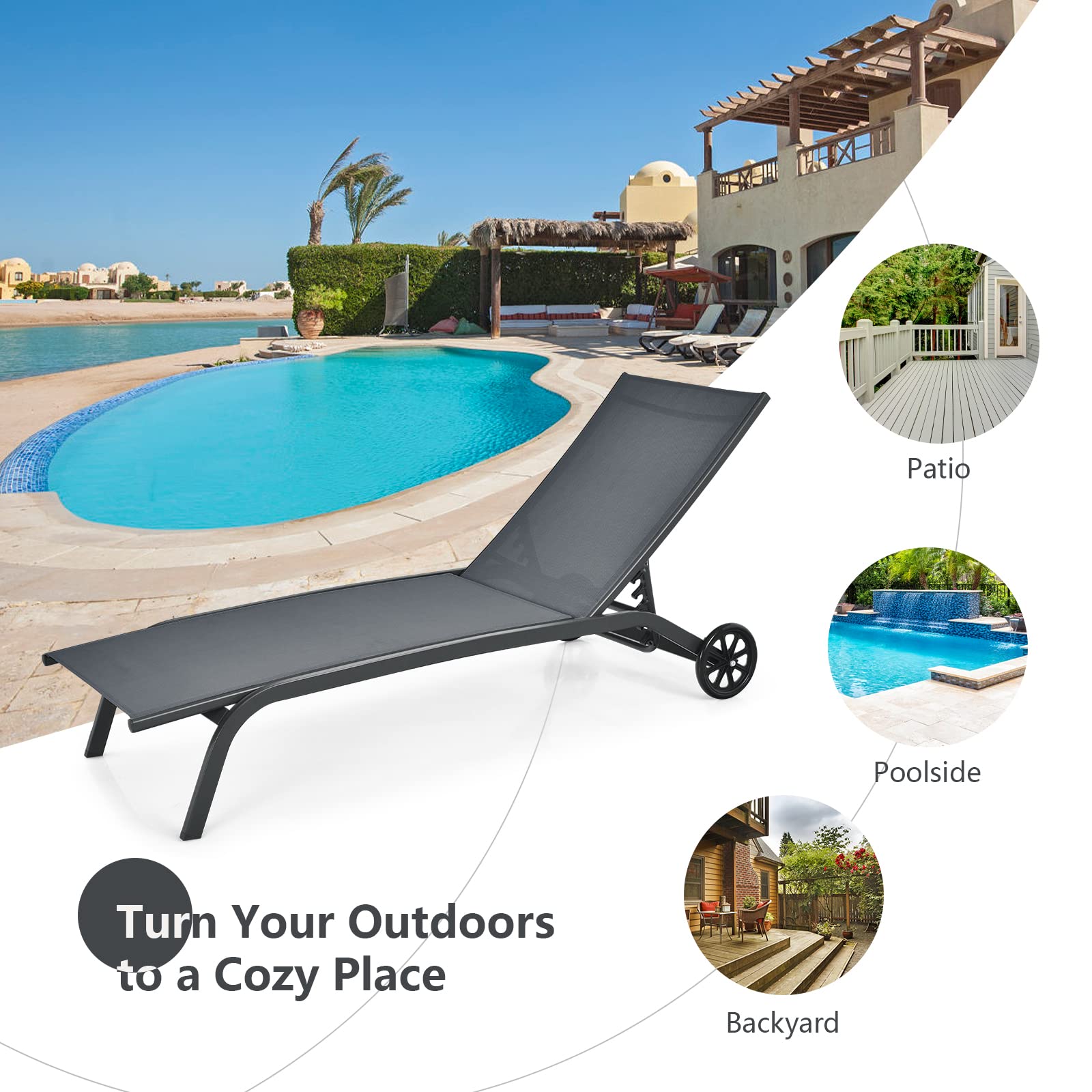 **Tangkula 6-Position Adjustable Outdoor Chaise Lounge Chair - Breathable Fabric, Smooth Wheels - Patio, Poolside, Garden Relaxation (Grey)**