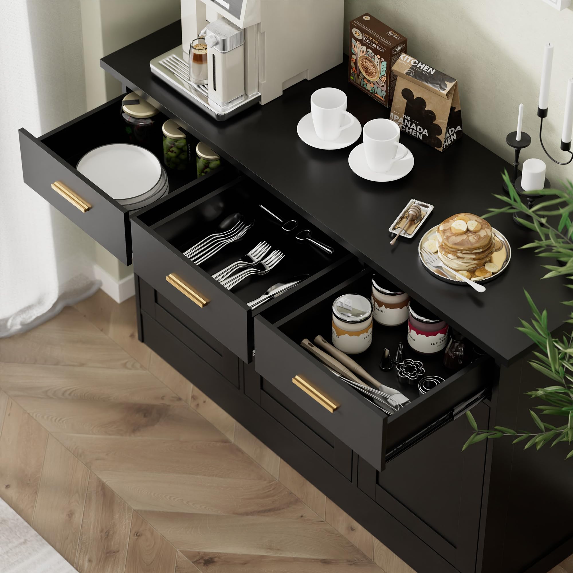 **Black 3-Door Wood Buffet Cabinet with Storage - Sideboard Kitchen Storage, Coffee Bar Console Table for Living Room, Dining Room & Entryway | Large Accent Cabinet with Drawers for Home Decor & Entertaining**