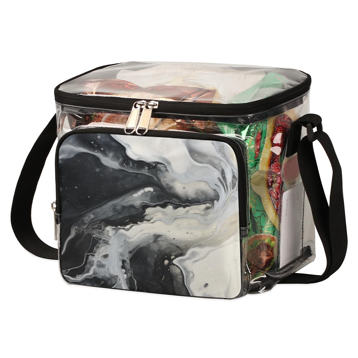 GzLeyigou Marble Print Clear Tote Bag with Handles - Black & White Marble Pattern Transparent Crossbody Shoulder Bag for Women | Perfect for Lunch, Outdoor Travel, Picnic, Concerts & Sports Events | Stadium Approved Multipurpose Purse