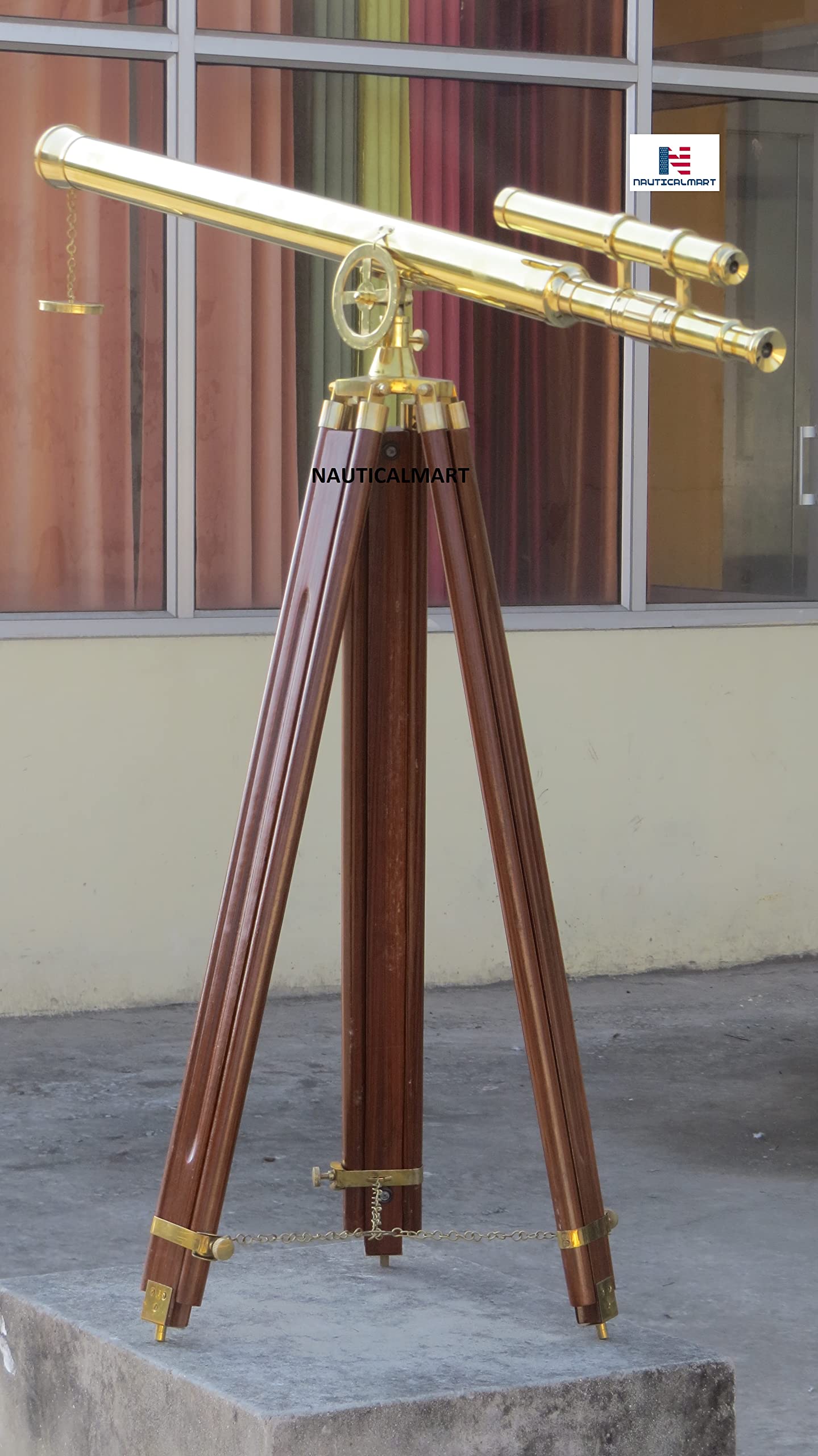 Antique Solid Brass Floor Standing Marine Telescope with Wooden Tripod - Nautical Decor for Home, Office, or Ship - Perfect for Nautical Enthusiasts & Collectors