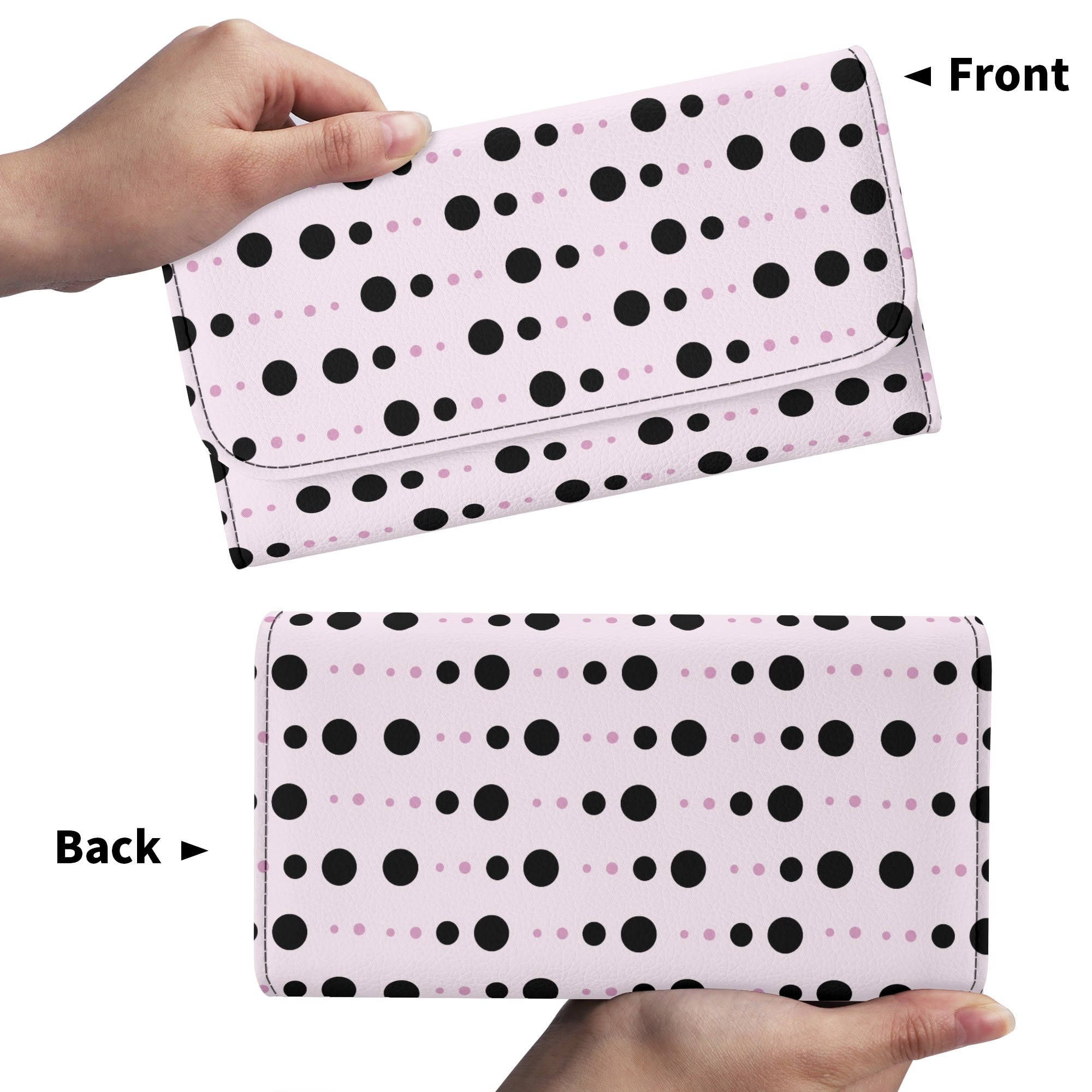 Stylish Black and Pink Polka Dot Leather Trifold Clutch Wallet for Women - Perfect for Parties, Weddings & Evening Events