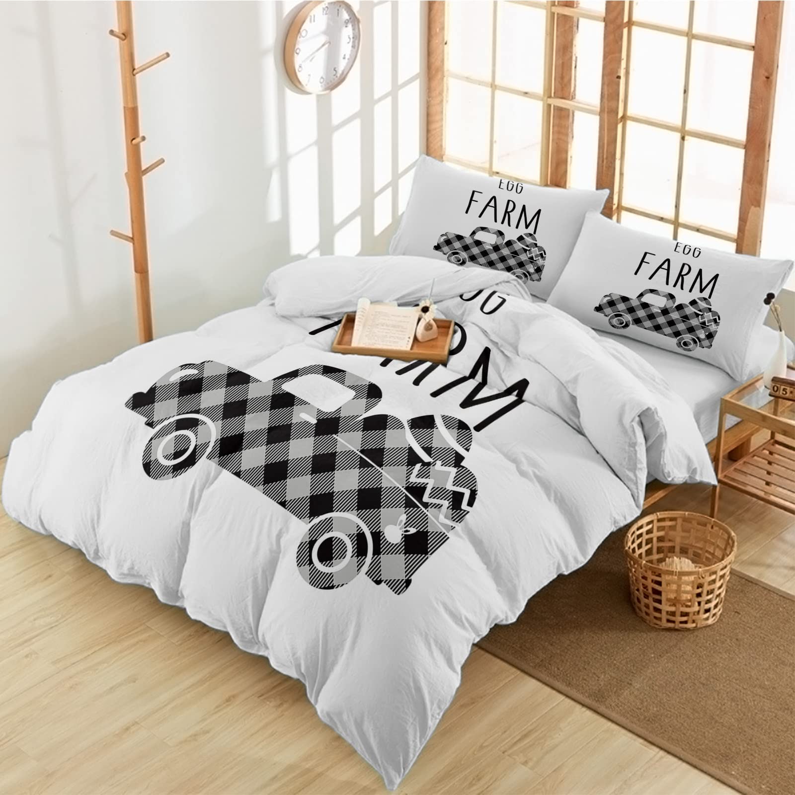 3-Piece Luxury Soft Microfiber Duvet Cover Set - Full Size Farm Truck & Rabbit Eggs Easter Theme with Buffalo Plaid Pillowcases | Cozy Bedroom Decor for Spring & Holiday Seasons