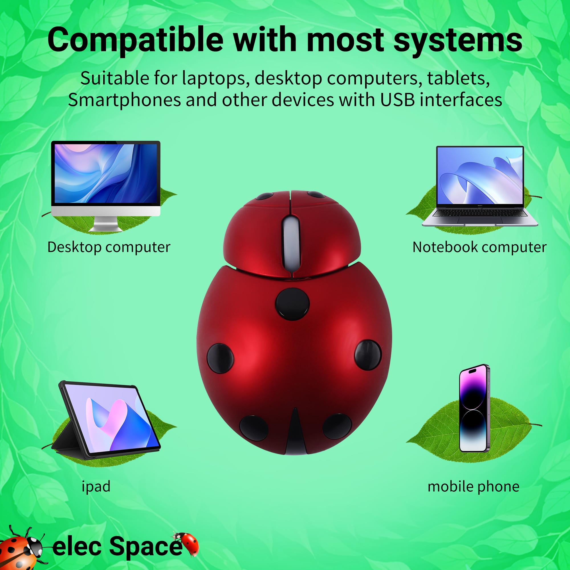 Elec Space Mini Wireless Mouse - Cute Ladybug Design, Ergonomic Cordless Mouse for Kids, Laptop, PC, Mac, Notebook - Includes Mouse Case, Perfect for Home, Office, and School Use (Red)