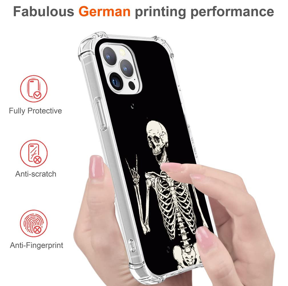 Skull Design iPhone 13 Pro Case - Soft TPU Clear Heavy Duty Protective Cover with Rock & Roll Skeleton Print | Wireless Charging Compatible | Perfect for Music Lovers & Halloween Costumes