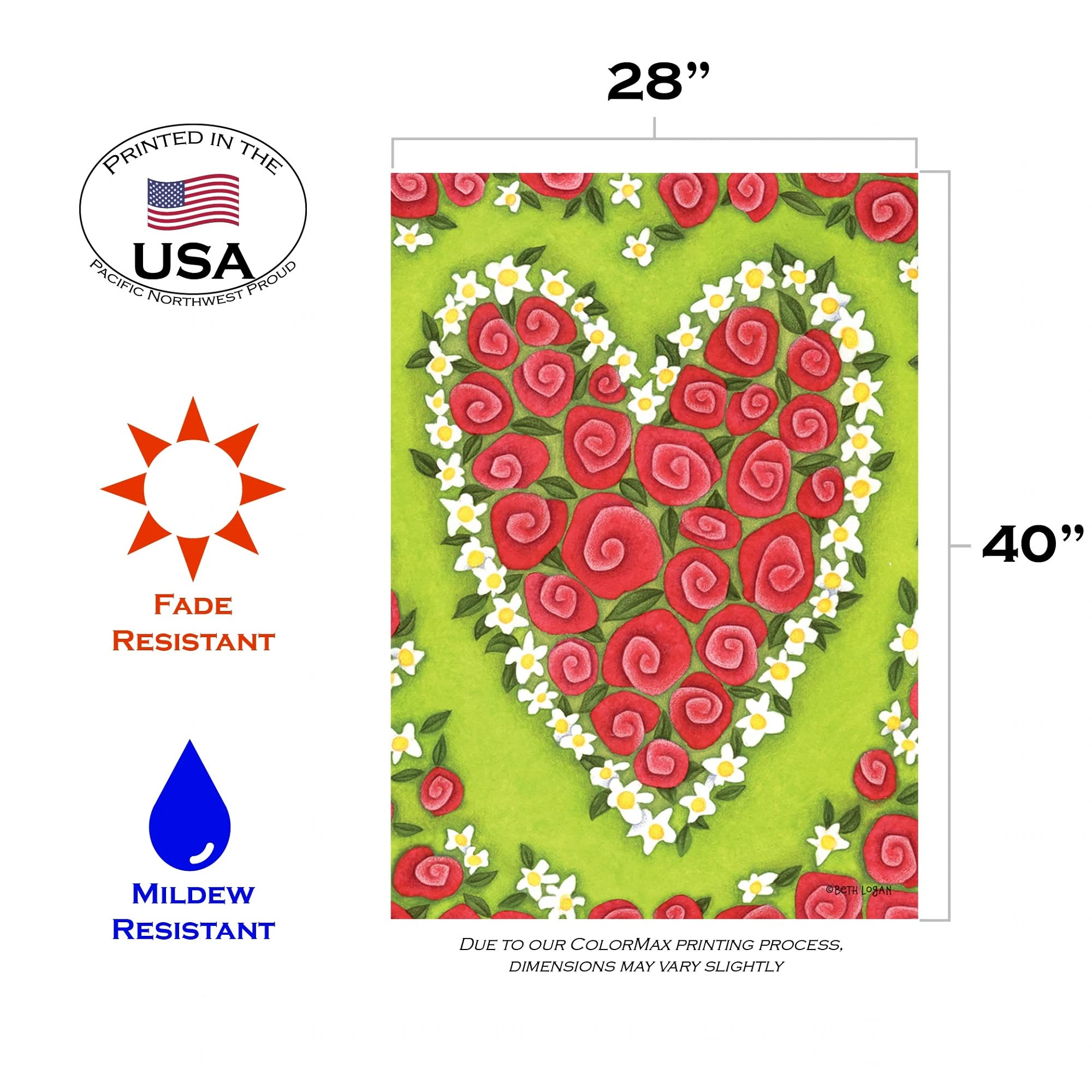 Toland Home Garden 109766 Rose Heart Valentine Flag - 28x40 Inch Double Sided Outdoor Garden Flag for Valentines Day Decor, Yard Decoration, Porch & Housewarming Gift - Perfect for Front Yard, Patio & Seasonal Holiday Displays