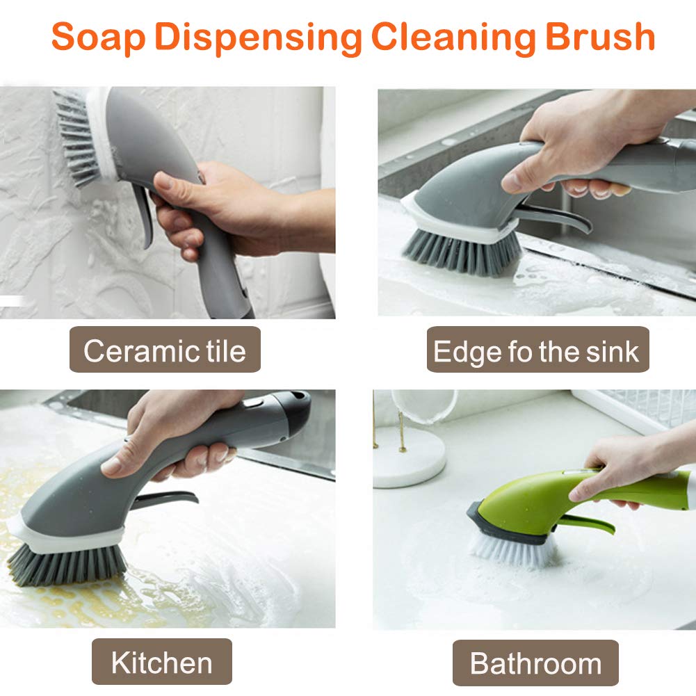 ELEOPTION Kitchen Sink Cleaning Brush with Soap Dispenser - Stainless Steel Pot Scrubber for Dishes, Stove, Tiles - Ergonomic Household Cleaning Brush (Green) - Perfect for Deep Cleaning Kitchen Sinks & Cookware