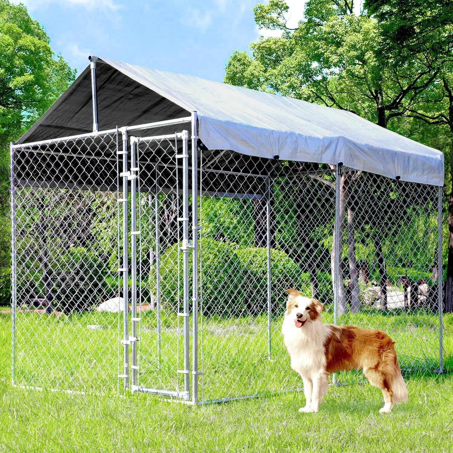 10'x6'x7.65' Heavy Duty Chain Link Metal Dog Kennel - Large Outdoor Dog Playpen with Lockable Door & Waterproof Canopy | Durable Exercise Pen for Medium & Large Dogs | Perfect for Backyard, Camping & Dog Training