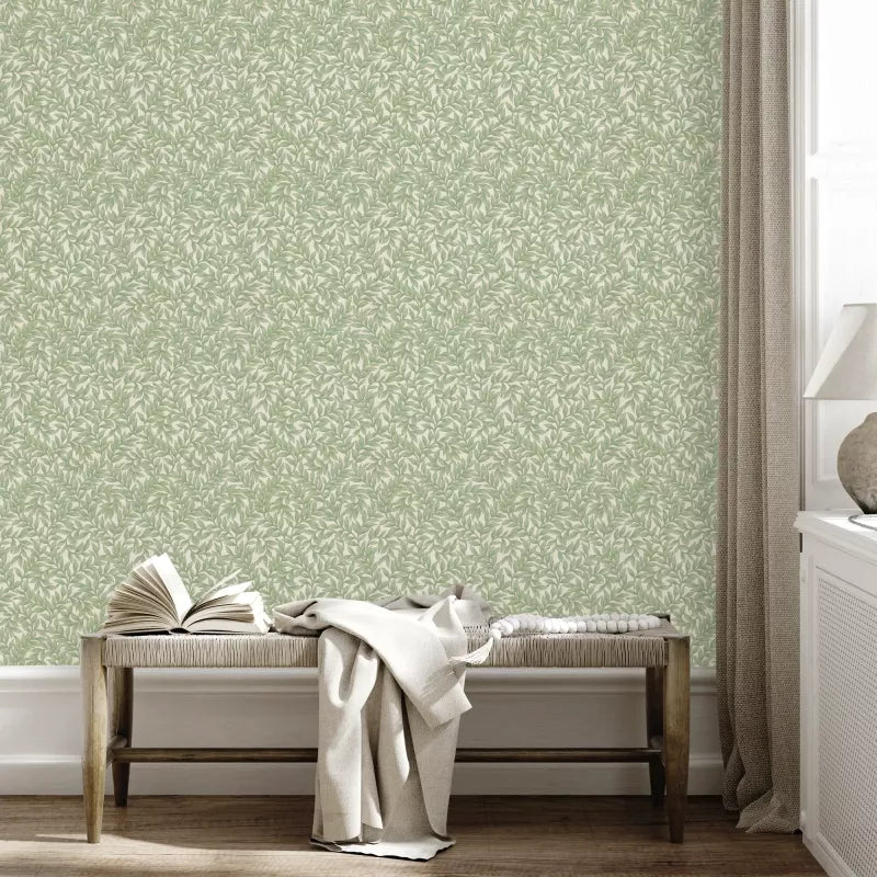 Lim & Handtryck Wallpaper - Leaf Pattern Twig/Green | Eco-Friendly Peel & Stick Wallpaper for Living Room, Bedroom, and Nursery Decor