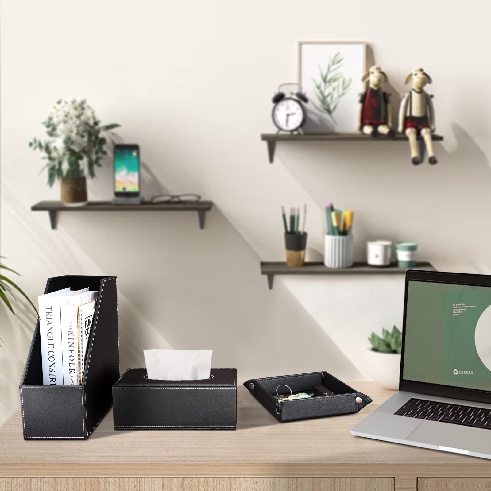 KINGFOM 5-Piece PU Leather Desk Organizer Set - File Holder, Magazine Storage Rack, Pen & Pencil Holder, Tissue Box Cover & Jewelry Tray - Office & Home Organization Accessories for Desk, Study & Workstation
