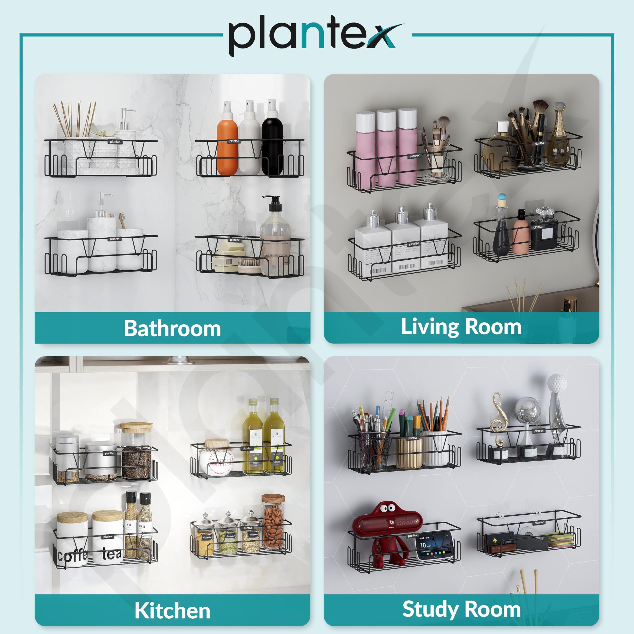 Plantex GI Steel Bathroom Shelf with Self-Adhesive Mounting, No Drilling Needed - Includes Side Hooks & Magic Stickers, Powder Coated Black (4-Pack) - Perfect for Small Bathrooms, Showers & Apartments