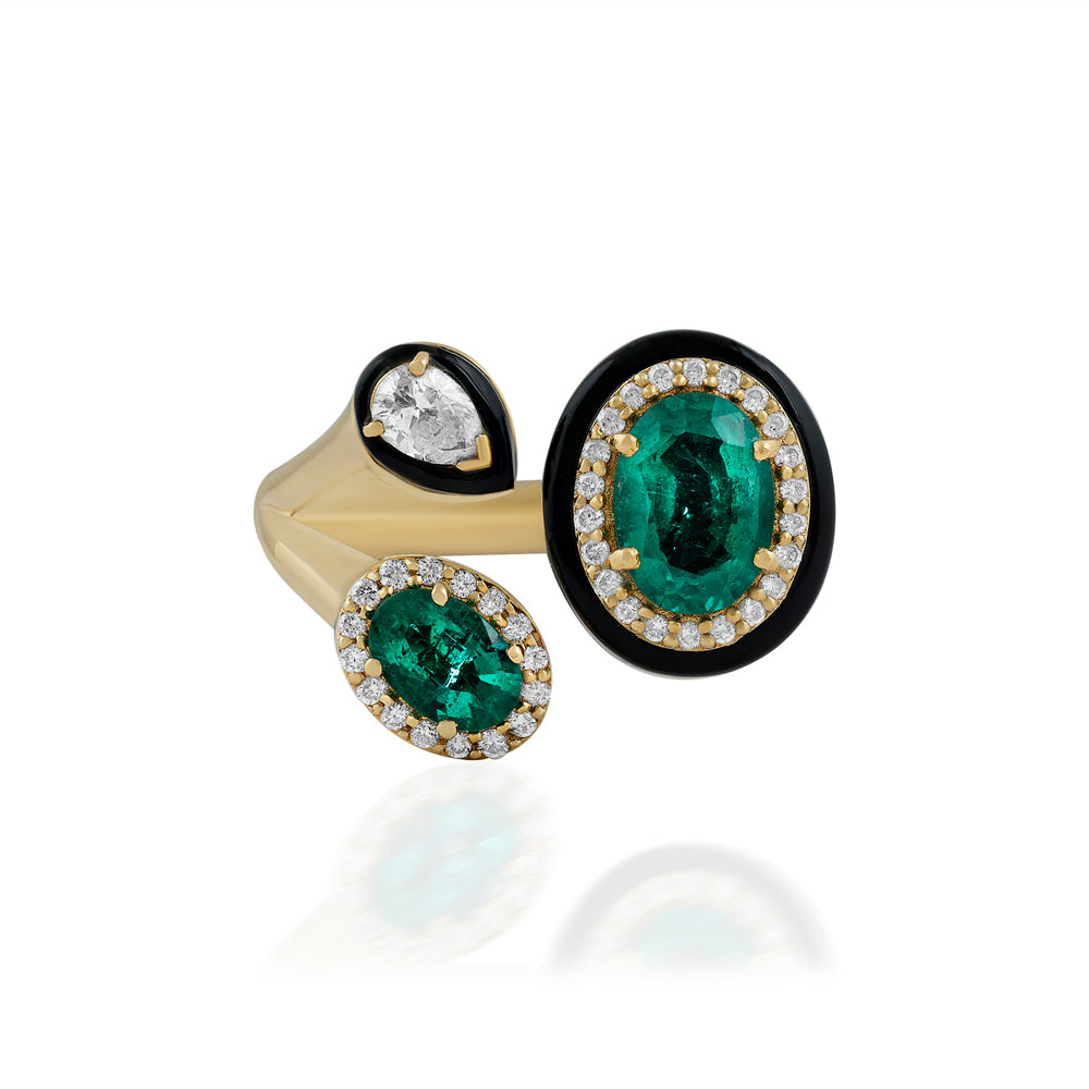 3.87tcw Oval Emerald Diamond Black Onyx Cluster Statement Ring in 14K Gold - Elegant Jewelry for Weddings, Parties & Special Occasions