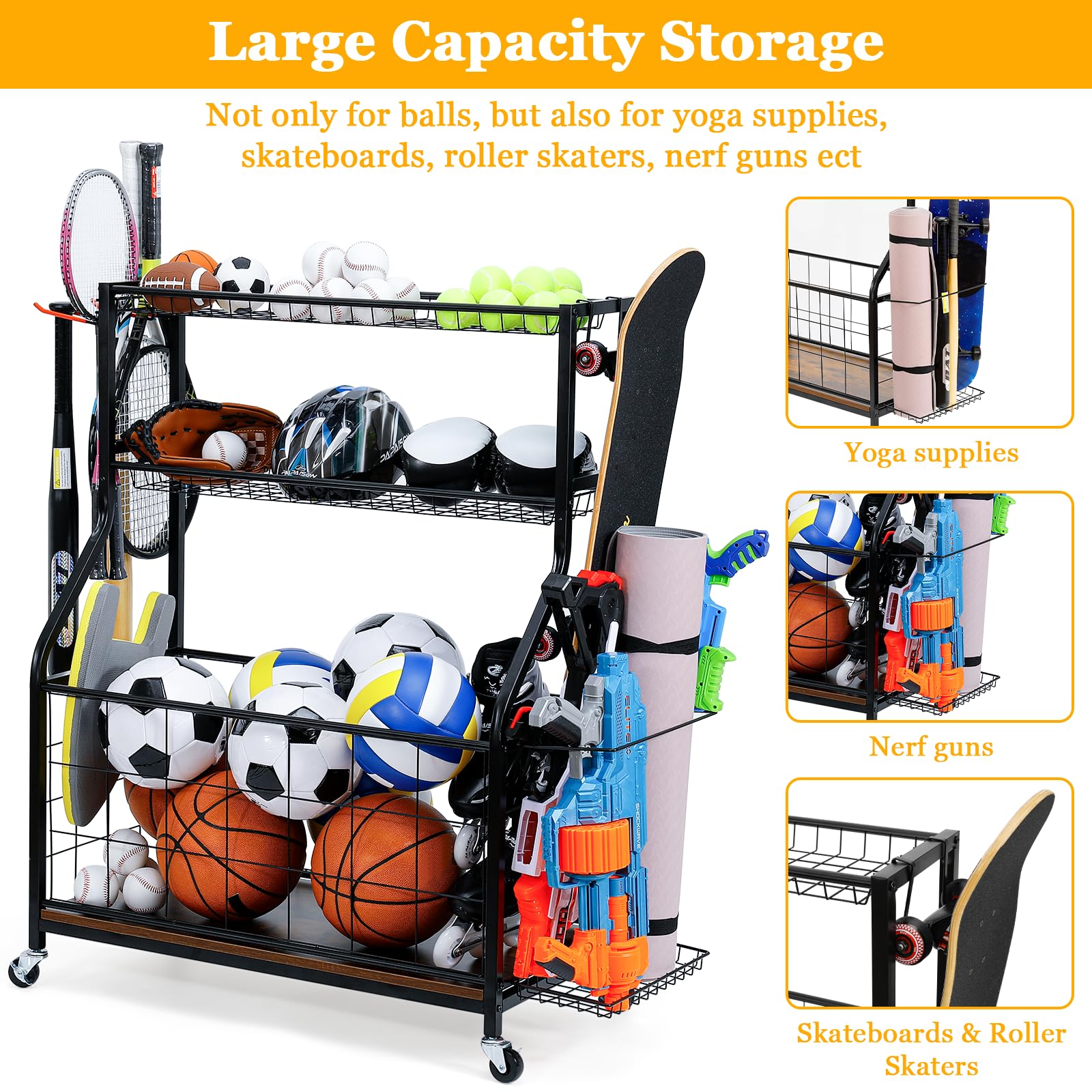 Sports Equipment Organizer - Wood & Metal Rolling Ball Storage Rack with Wheels for Garage, Indoor & Outdoor Use - Perfect for Basketball, Soccer, Tennis Ball Organization - Retro Style Toy Storage Cart (WEY036)