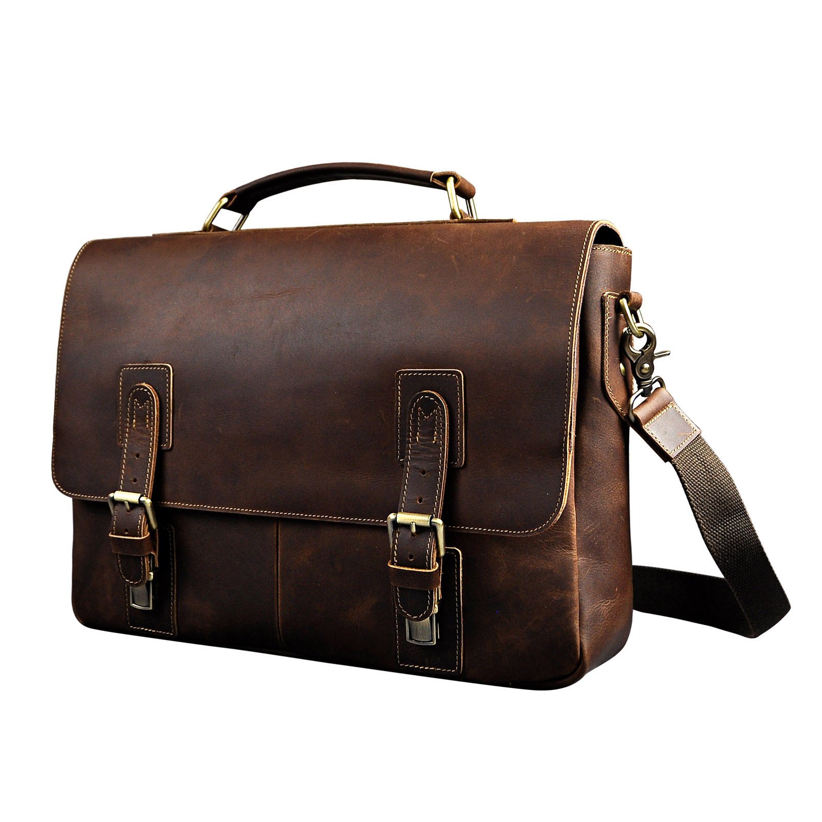 Le'aokuu Genuine Leather Cowhide Briefcase for Men - 15.6 Inch Laptop Messenger Bag (Dark Brown) - Professional Business Attache for Office, Work & Travel