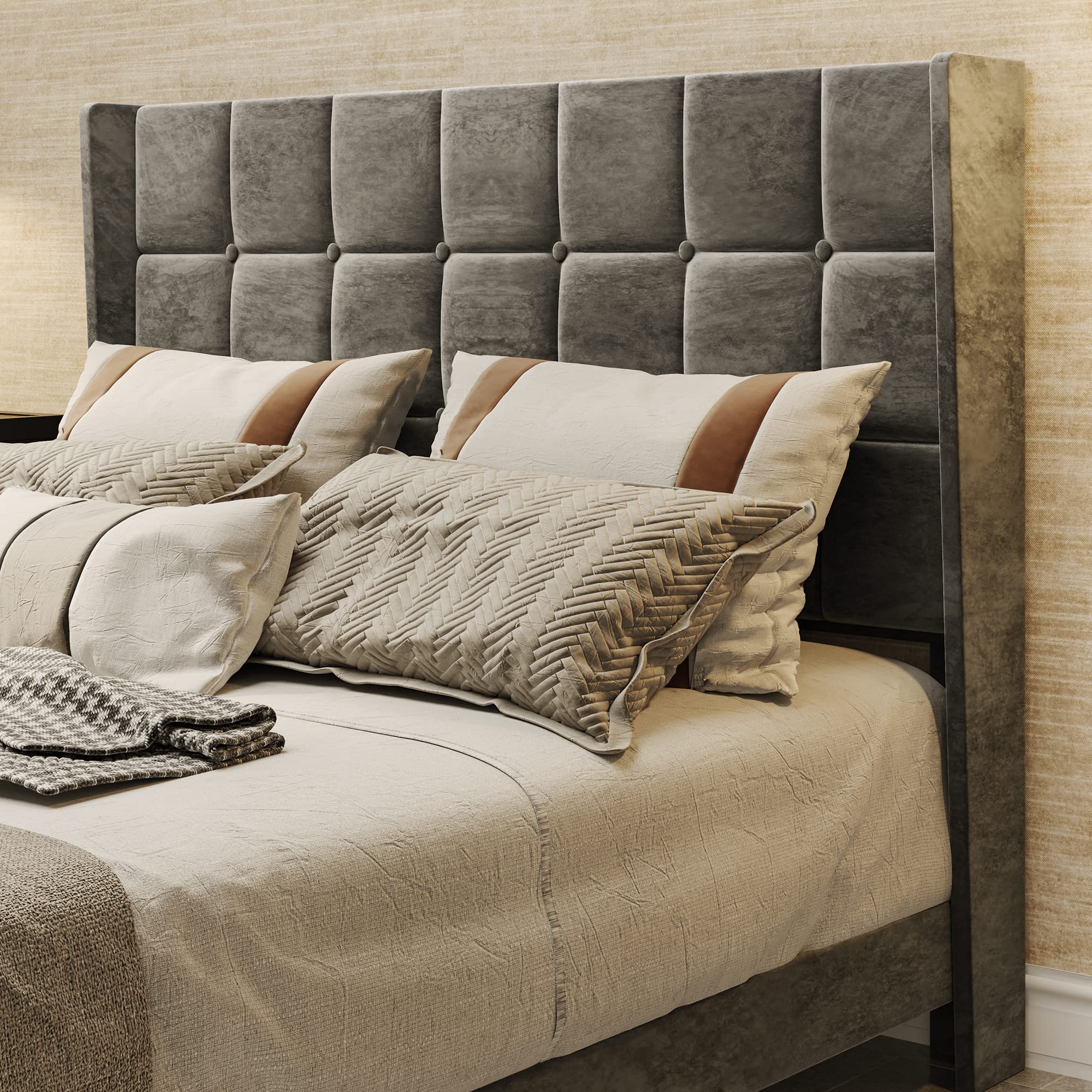 YITAHOME Queen Size Upholstered Bed Frame with Grey Velvet Tufted Headboard - Platform Bed Base with Wood Slat Support, No Box Spring Needed - Luxury Bedroom Furniture for Master Bedroom or Guest Room