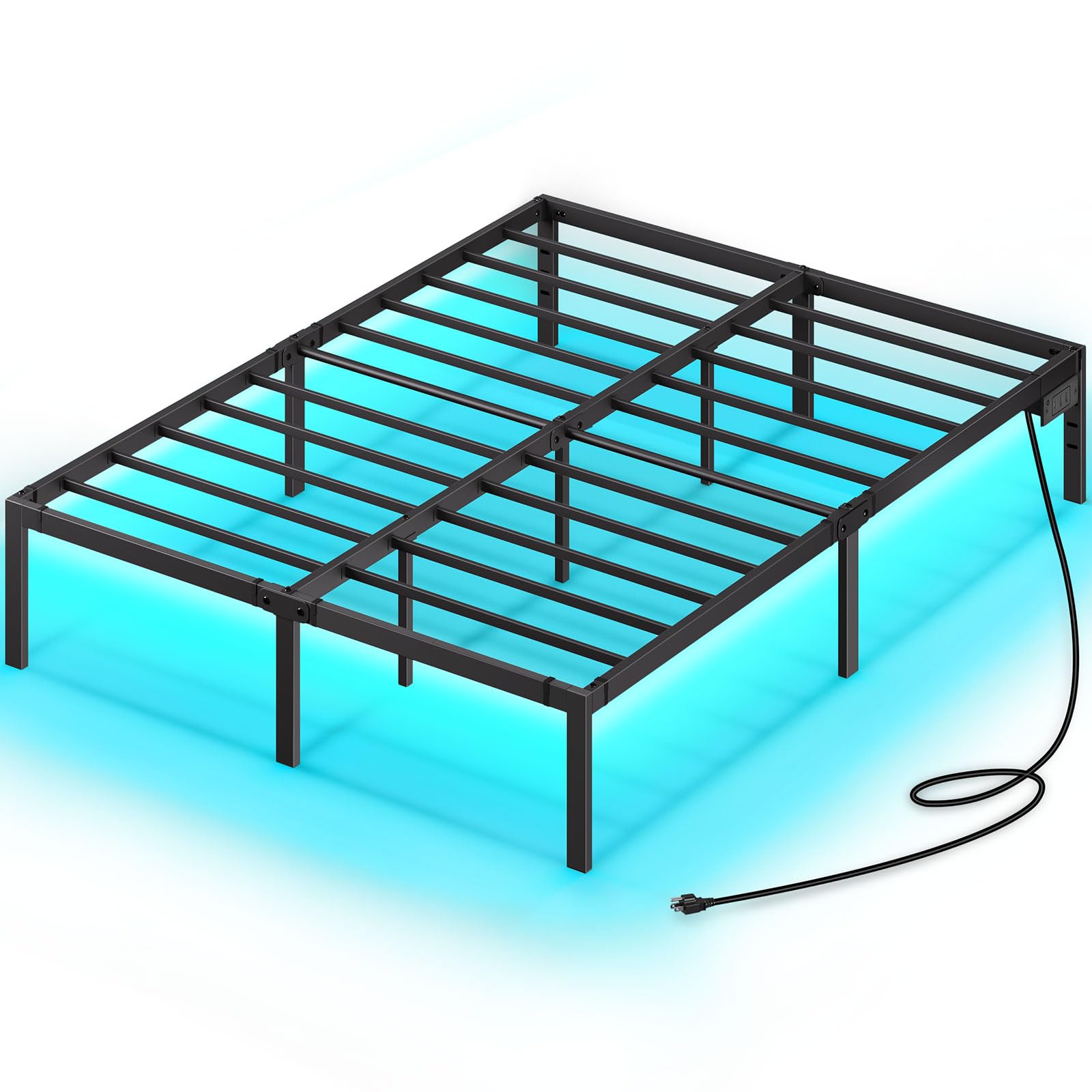 Rolanstar Full Size Bed Frame with USB Charging Ports & LED Lights - Heavy Duty Steel Platform Bed with 14