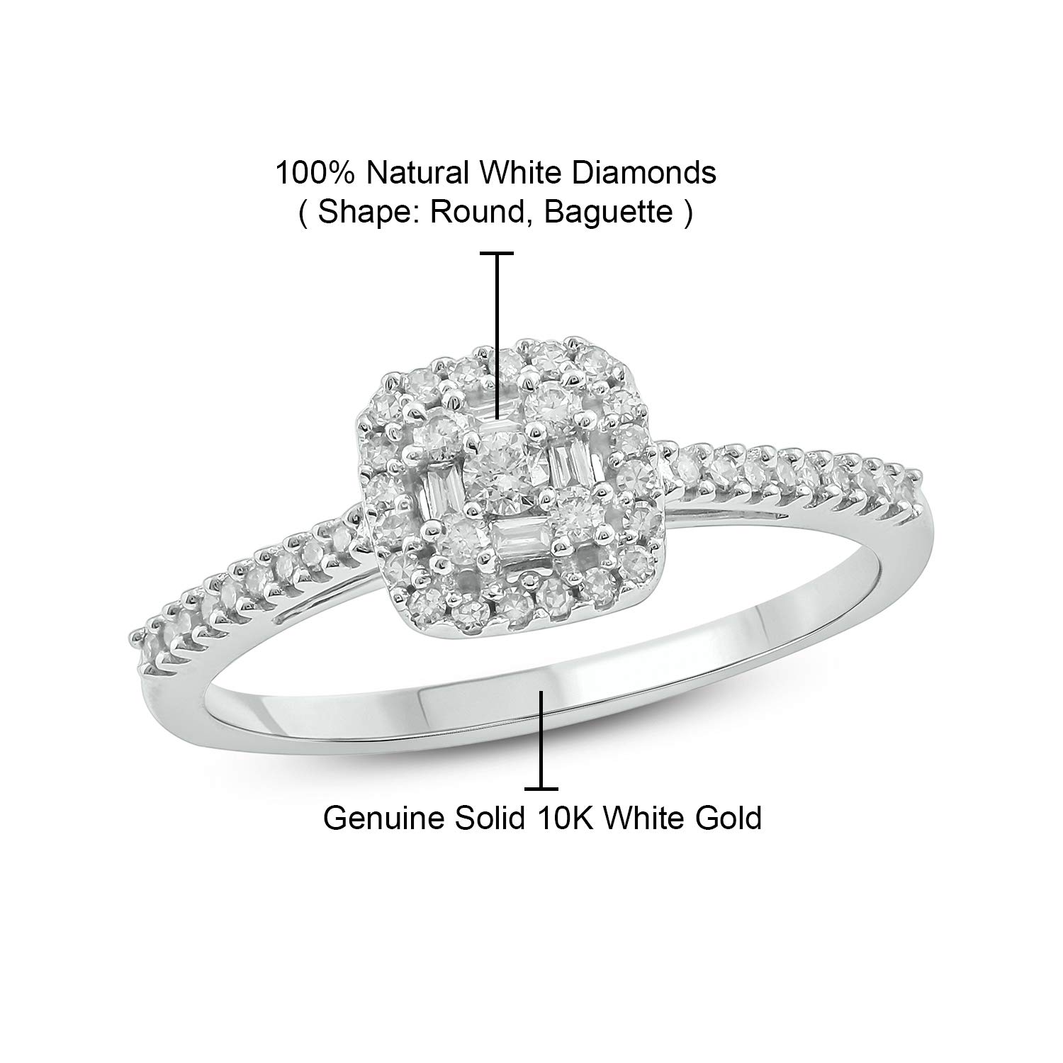 1/4 Carat Round & Baguette Diamond Halo Engagement Ring for Women - 10K Rose Gold, White Gold or Yellow Gold - Elegant Square Halo Wedding Ring with Baguette Accents - Perfect for Proposals, Anniversaries & Special Occasions