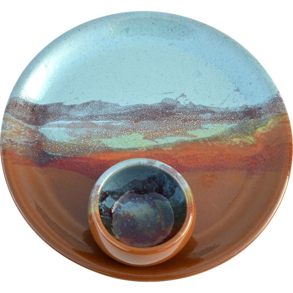 Handmade Ceramic Chip and Dip Party Plate with Indian Summer Glaze - Traditional Polished Stoneware Serving Platter & Dipping Bowl - Elegant Appetizer Dish for Entertaining, Snacks, and Parties - Perfect for Game Nights, Potlucks, and Holiday Gatherings