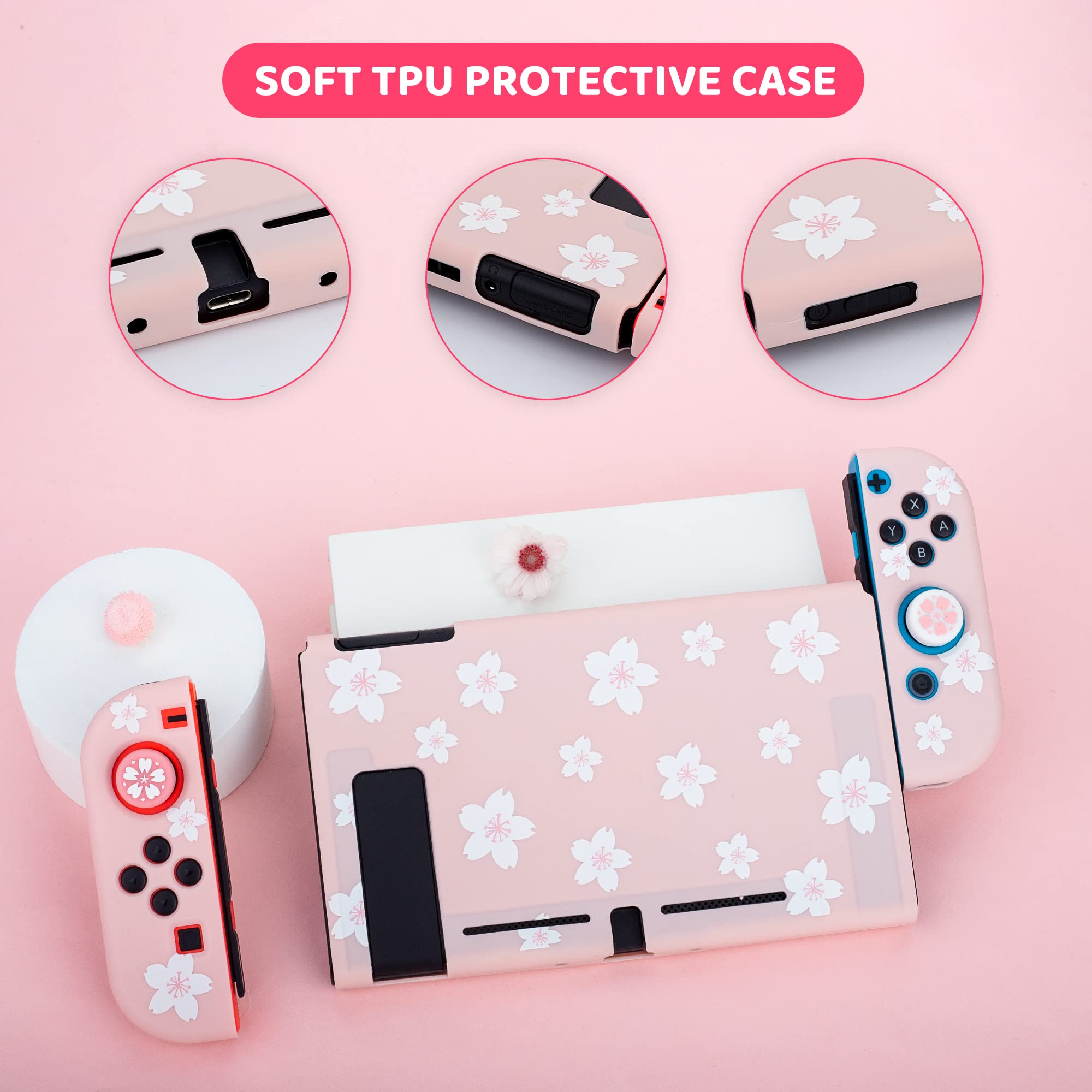 RHOTALL Dual-Tone Cherry Blossom Nintendo Switch Carrying Case - Portable Storage Bag with Protective Cover, Screen Protector, Adjustable Shoulder Strap & 2 Thumb Grips - Perfect for Travel, Gaming Parties & Switch Accessories Organization