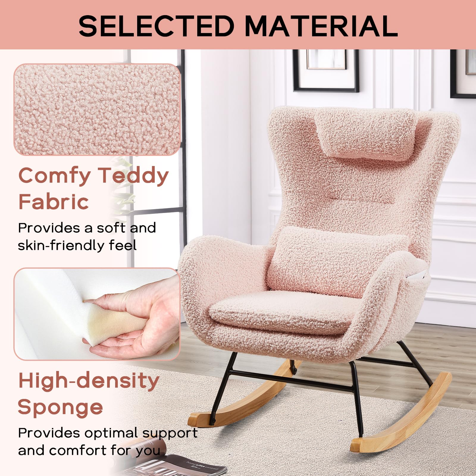 NIOIIKIT Nursery Rocking Chair - Soft Teddy Upholstered Glider Rocker with Adjustable Headrest & Lumbar Support Pillow, High Back Accent Chair with Side Pocket - Comfortable Armchair for Living Room, Nursery, Bedroom (Pink) | Perfect for Breastfeeding, Reading & Relaxing