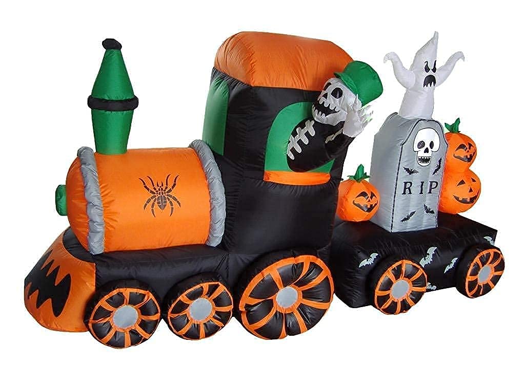 11FT Giant Animated Inflatable Black Cat & 7FT Skeleton Train Halloween Decorations Set with Ghost Tombstone & LED Lights - Outdoor Party Yard Decor for Halloween, Haunted House & Spooky Events