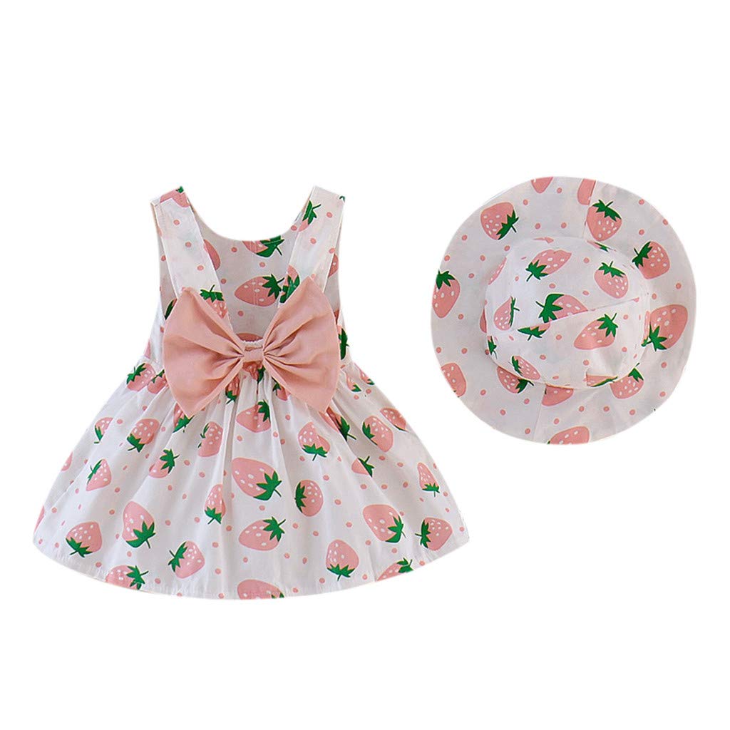 RSKK Toddler Baby Girls Strawberry Print Princess Dress & Hat Outfit - Sleeveless Summer Dress for Kids - Perfect for Birthday Parties, Photo Shoots & Outdoor Play