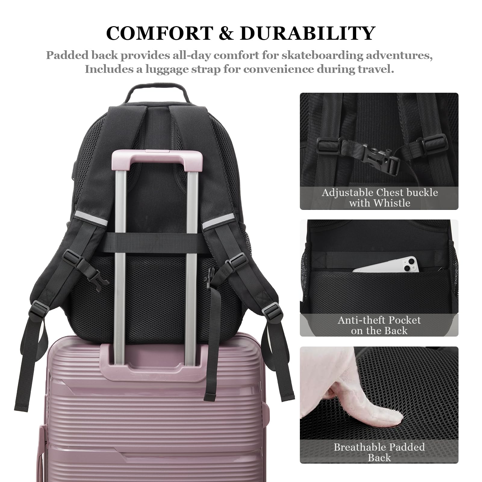 **Skateboard Backpack for Men & Women - Large Durable Skateboard Bag with USB Charging Port, Laptop Compartment - Perfect for Skateboarding, College, Travel & Commuting (Black)**