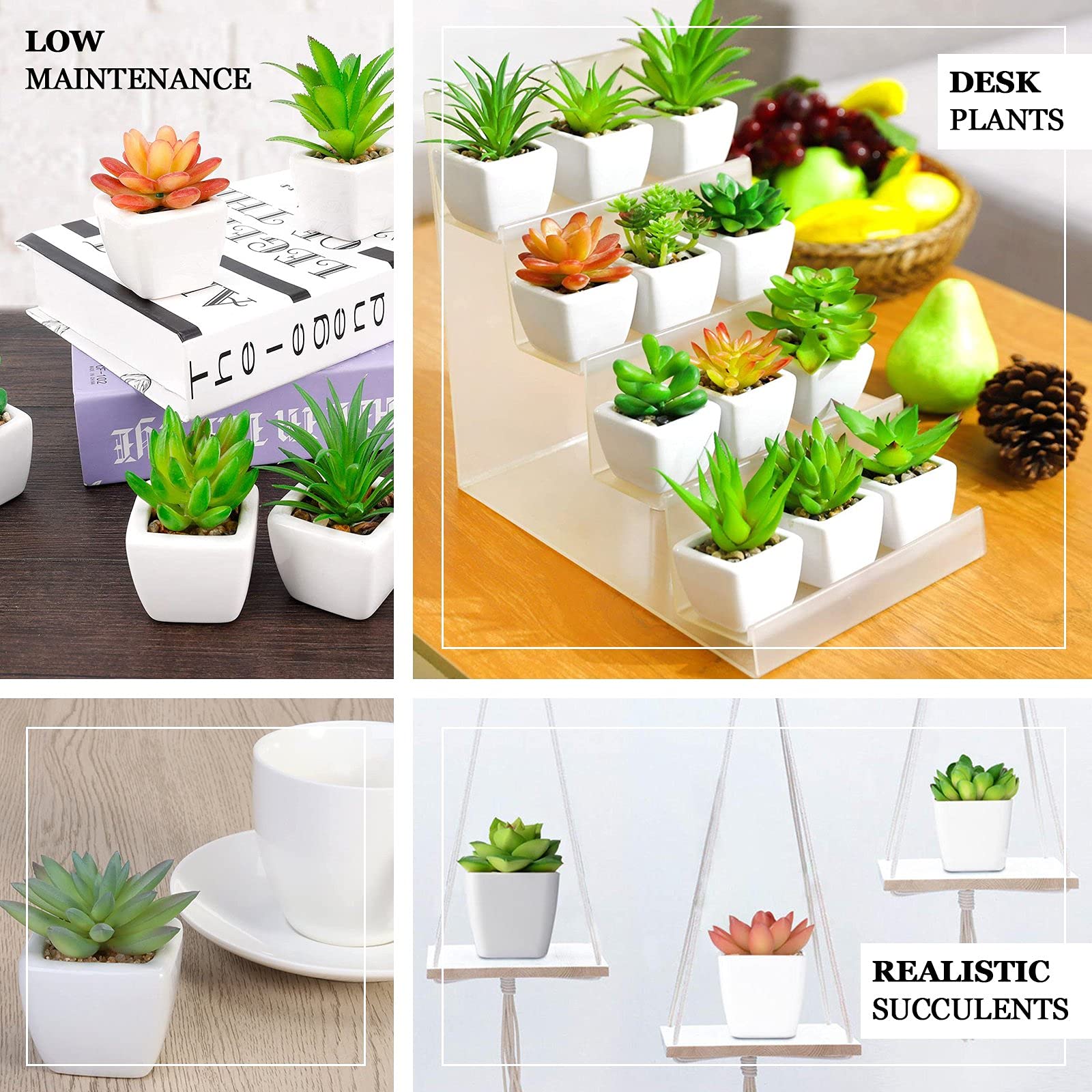 Artificial Succulent Plants Set of 3 - Mini Fake Jade Succulents in Ceramic Pots for Home Office Desk Decor, Wedding Centerpieces & Shelf Displays