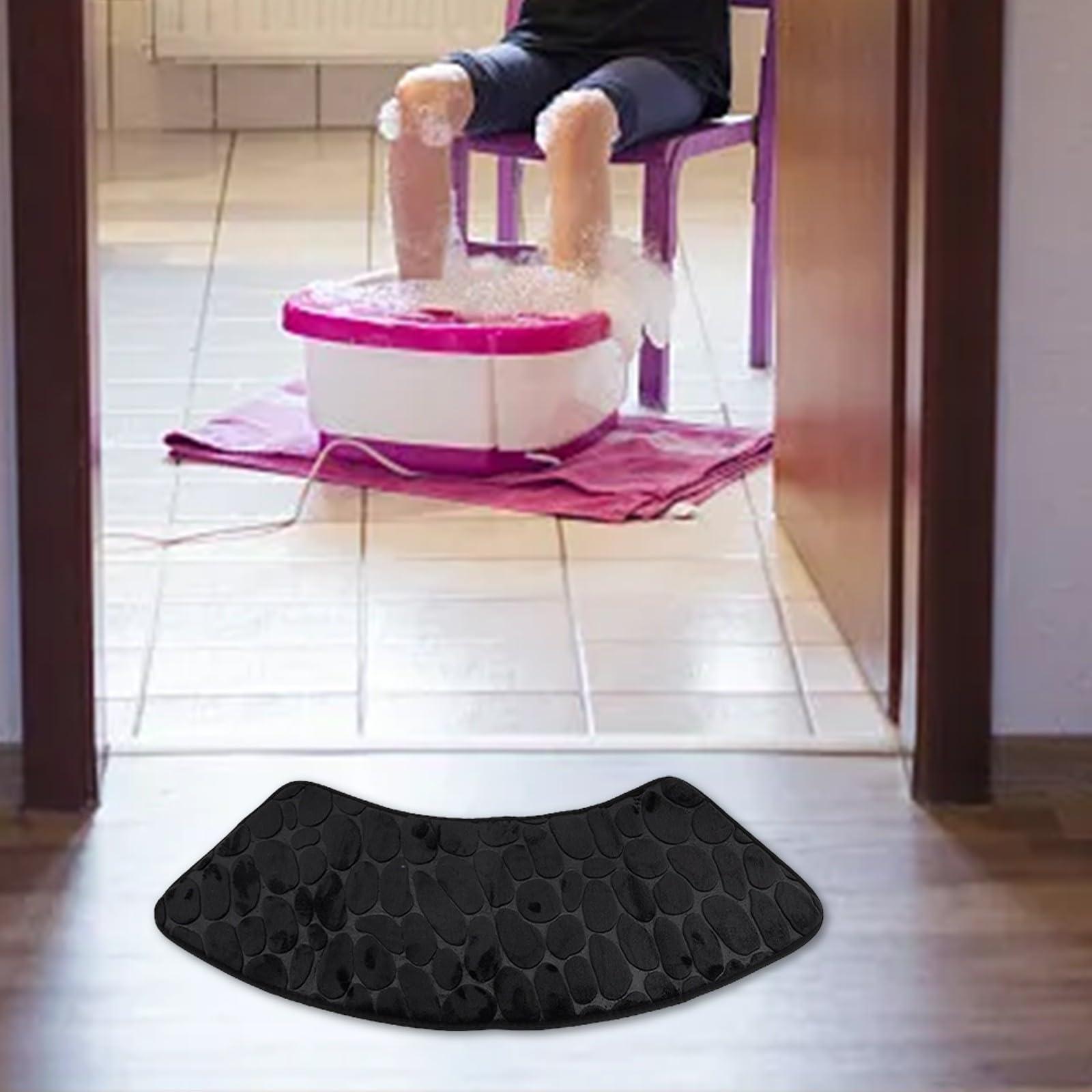 Non-Slip Corner Shower Mat - Anti-Skid Curved Bath Mat for Corner Showers | Machine Washable Bathroom Safety Mat for Shower, Laundry Room & Wet Areas (Black) - Perfect for Elderly Safety & Kids Bath Time