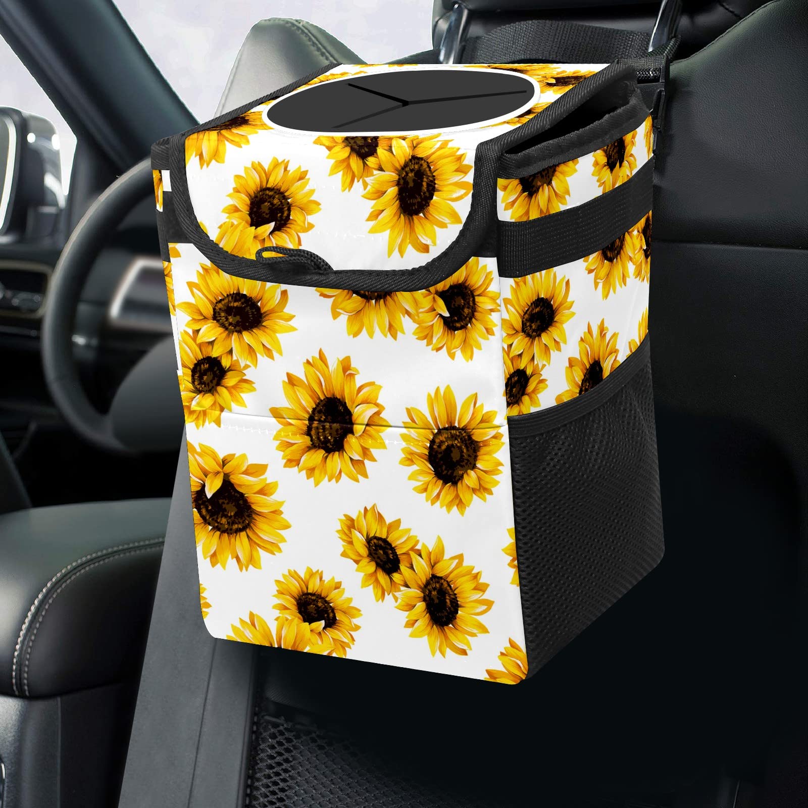 Portable Car Trash Can with Water-Resistant Coating - No Installation Needed, Spacious Interior Organizer for Cars, SUVs & Road Trips - Perfect for Snacks, Tissues & Travel Essentials (Sunflower Design)