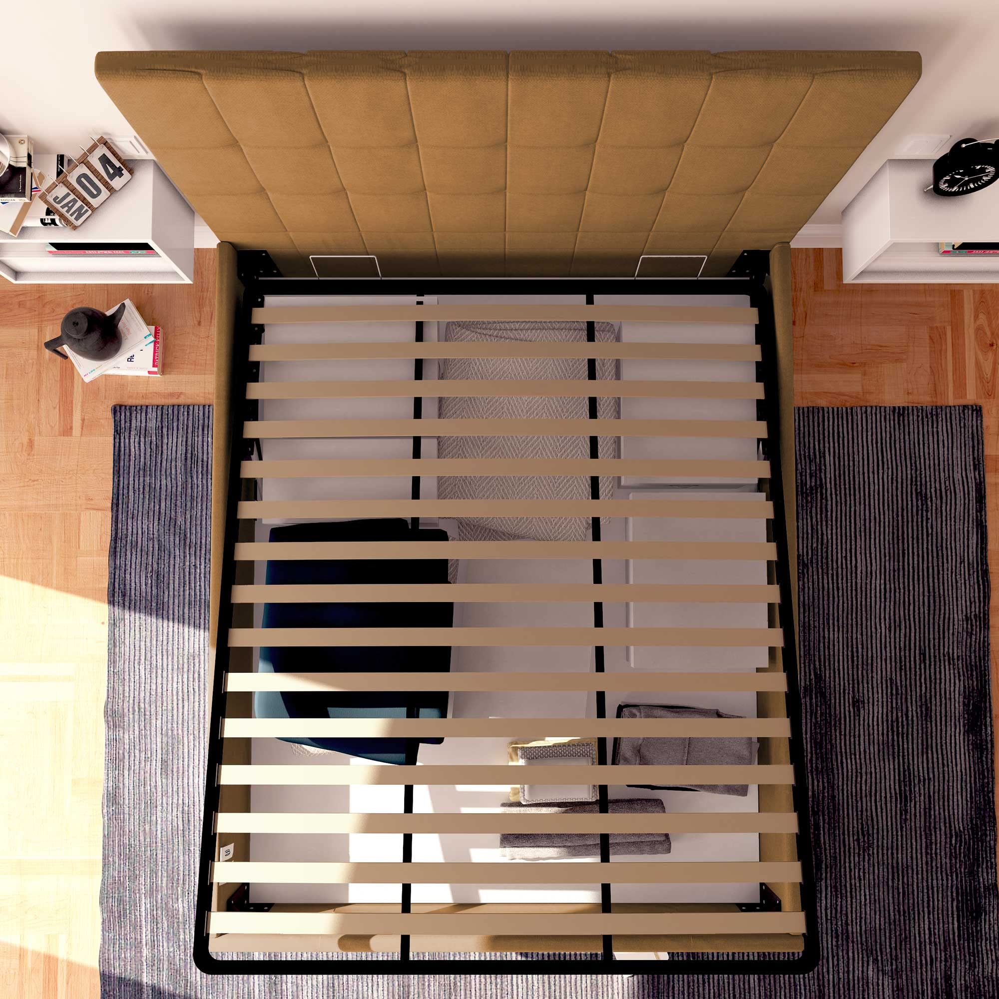 Baldiflex Single Bed with Storage, Dublin Model, Synthetic Leather, Slatted Base, for Single Mattresses, 90 x 200 cm, Elegant Headboard, Light Brown - Perfect for Small Bedrooms, Guest Rooms & Studio Apartments