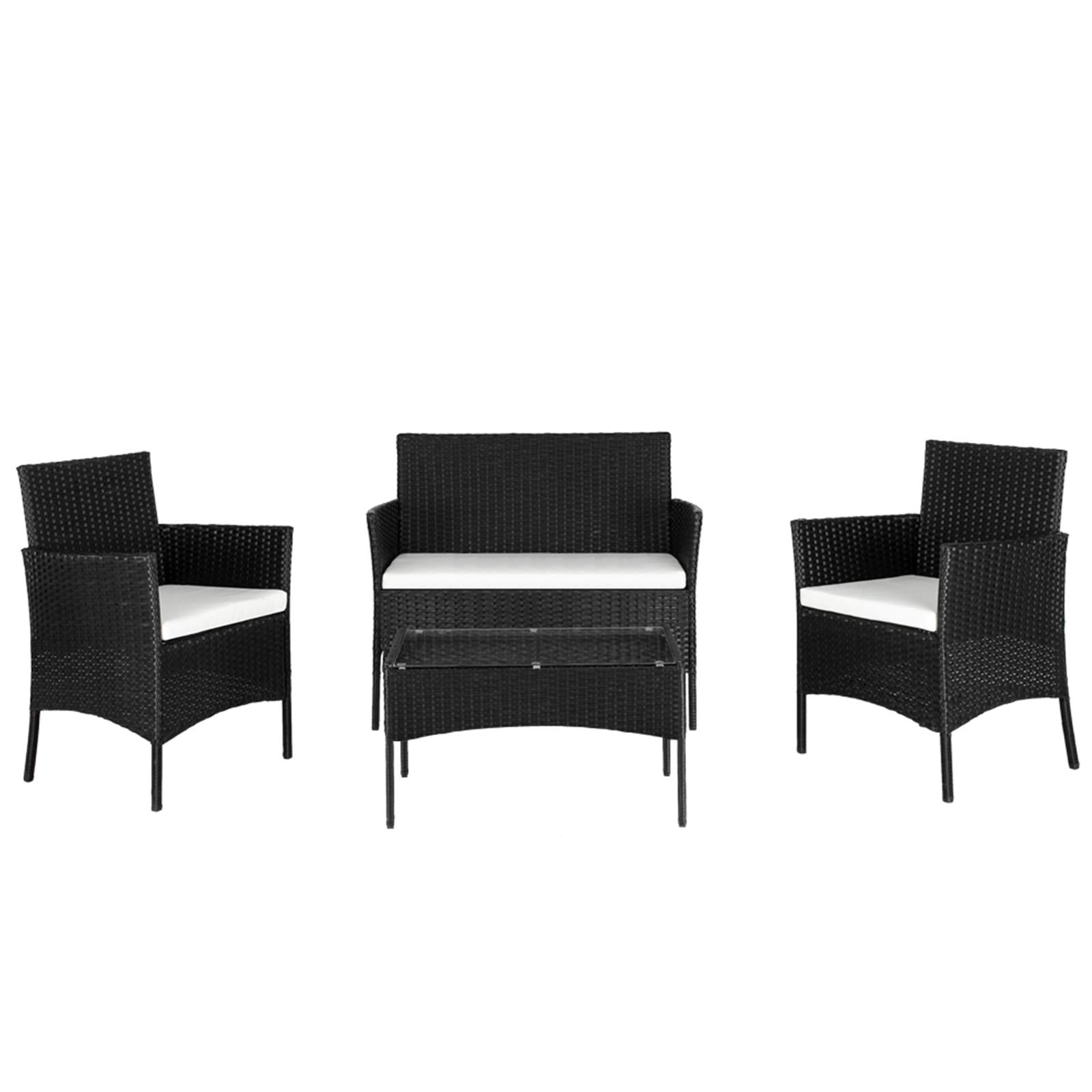 2-Piece Rattan Arm Chairs with 1 Love Seat & Tempered Glass Coffee Table - Black Wicker Sofa Set for Patio, Living Room or Sunroom Decor