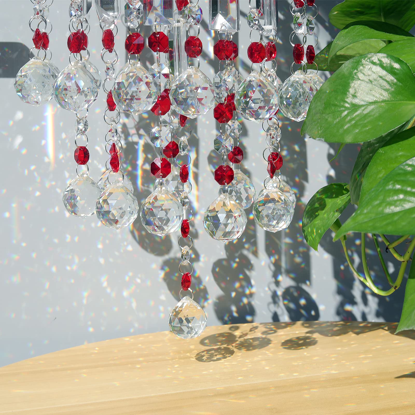 LONGSHENG Crystal Wind Chime with Red Prisms & Beads - Handmade Sun Catcher Pendant for Home Decor Since 2001 | Perfect Gift for Garden, Patio, or Window Decoration