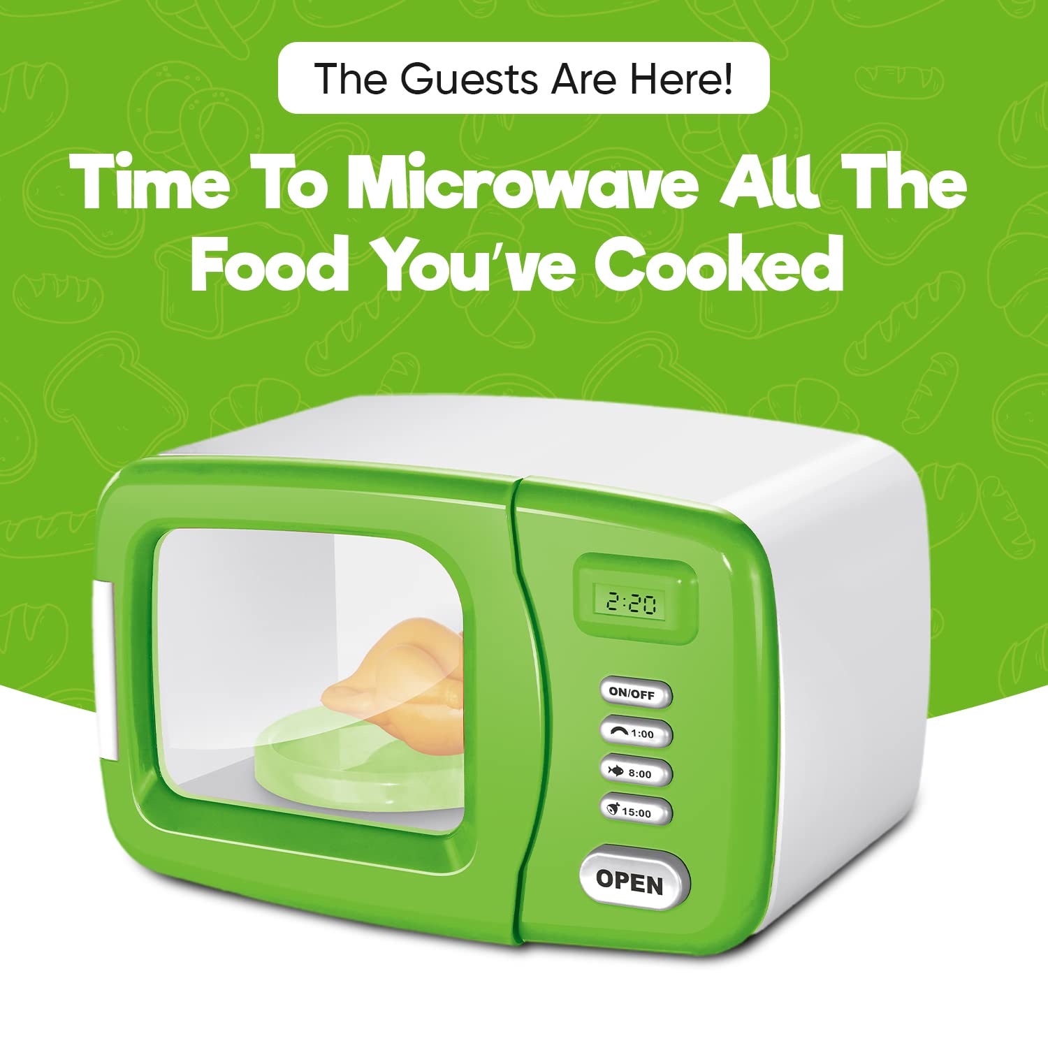 Misco Toys Kids Pretend Play Microwave Oven Toy Set with Realistic Lights & Sounds - Green Kitchen Appliances for Toddlers Ages 3+ | Fun Cooking Role Play for Preschoolers & Early Learning Development