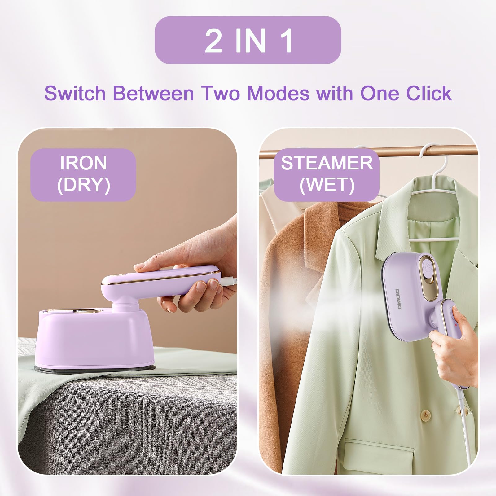 Portable 2-in-1 Dry & Wet Travel Steamer for Clothes - 180° Rotatable Mini Steam Iron - Perfect for Home, Travel, Dorm & School - Ideal Gift & Home Essential (Purple) | Quickly Remove Wrinkles from Dresses, Suits & Delicates Anywhere