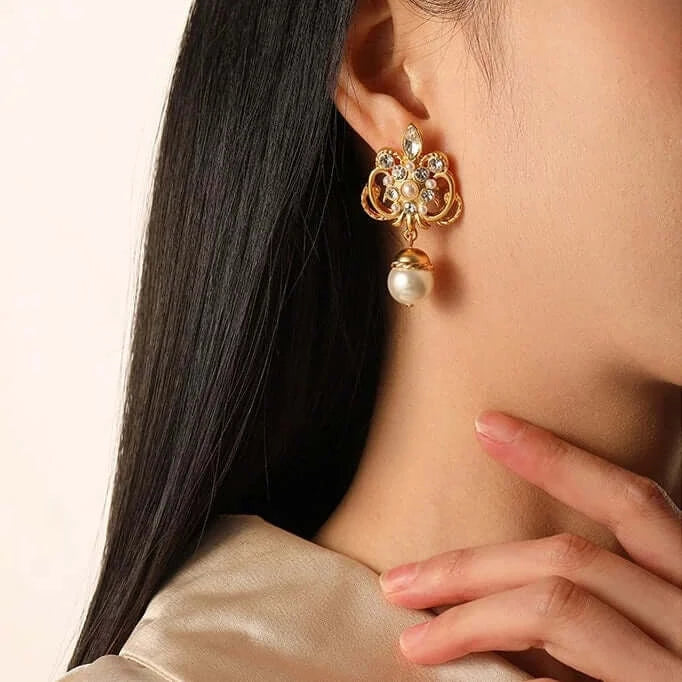 Baroque Pearl Drop Earrings for Women - Elegant Floral Dangle Earrings DM363 | Perfect for Weddings, Parties & Special Occasions