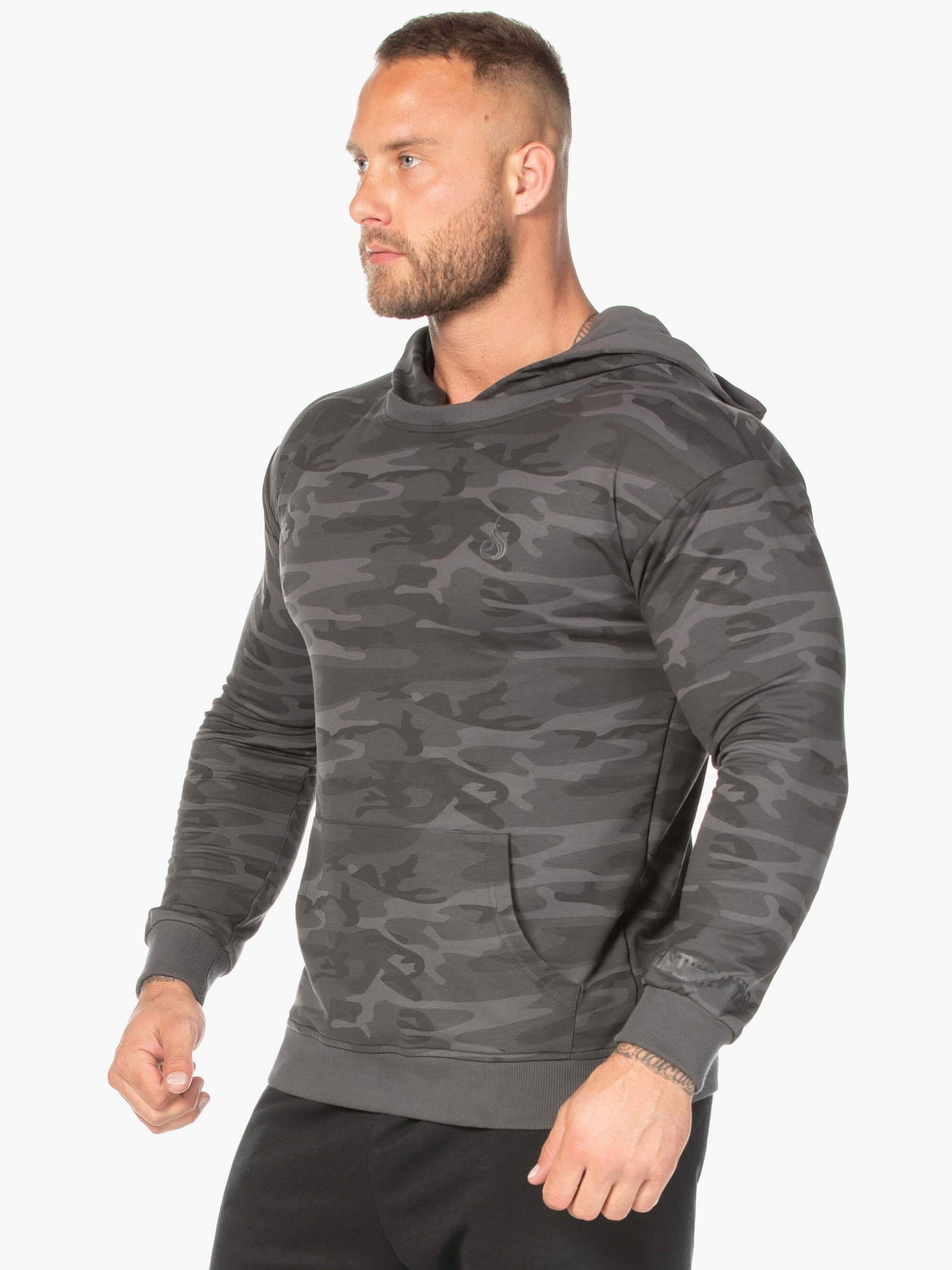 Men's Camo Pullover Hoodie - Black Camouflage Print for Outdoor & Casual Wear | Hunting, Hiking & Street Style