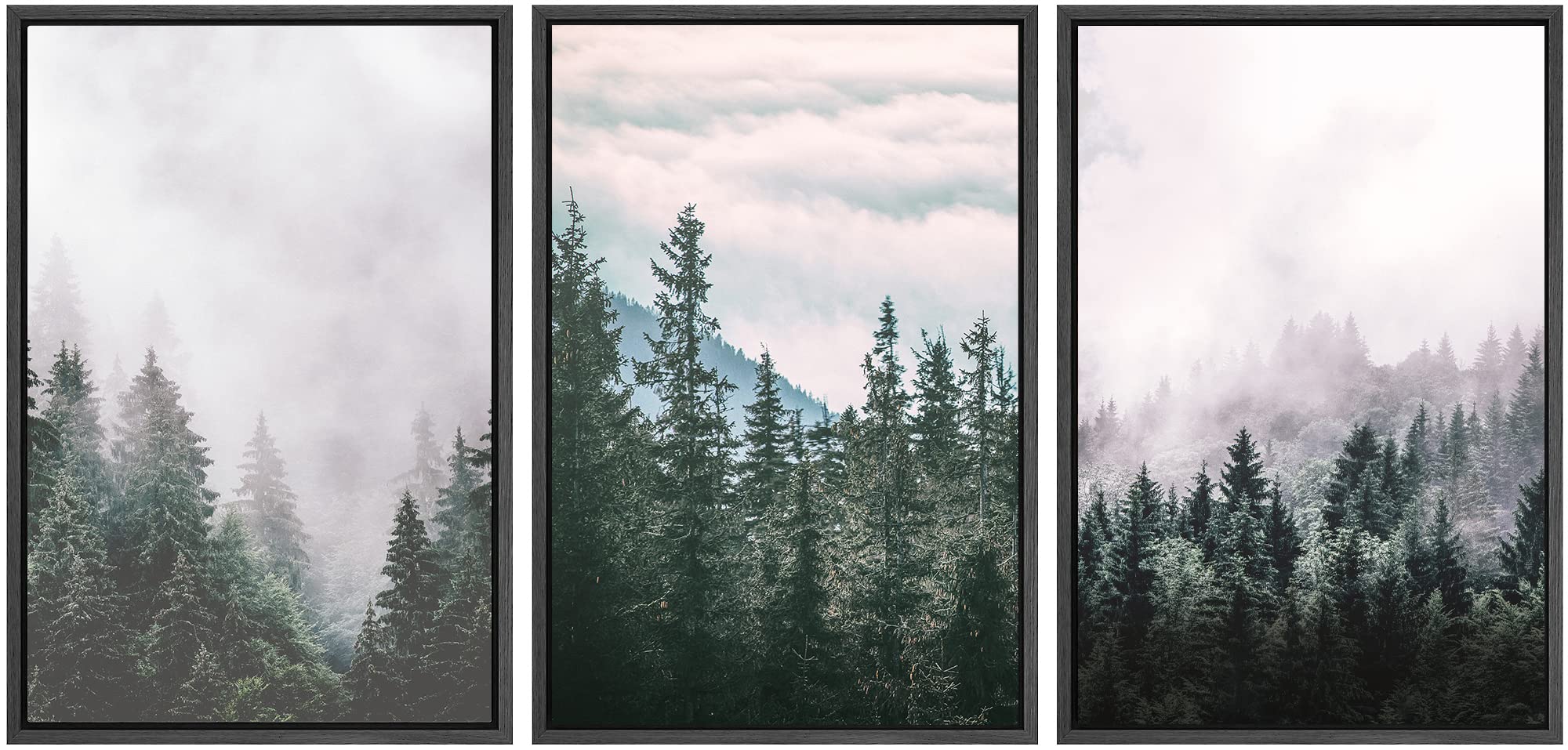 Woodland Nursery Decor Set - Framed Canvas Print Wall Art with Retro Film Grain Mountain Pine Forest Design, Rustic Landscape for Living Room, Bedroom & Office - 16x24 Inches, Black | Perfect for Home Decor, Gifts & Farmhouse Style Interiors