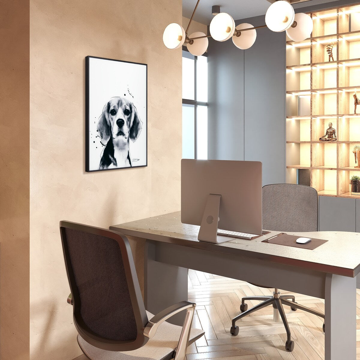 Beagle Black and White Dog Portrait Painting - Printed Glass Art with Black Anodized Frame - Perfect for Pet Lovers Home Decor, Living Room, Bedroom & Office Wall Art