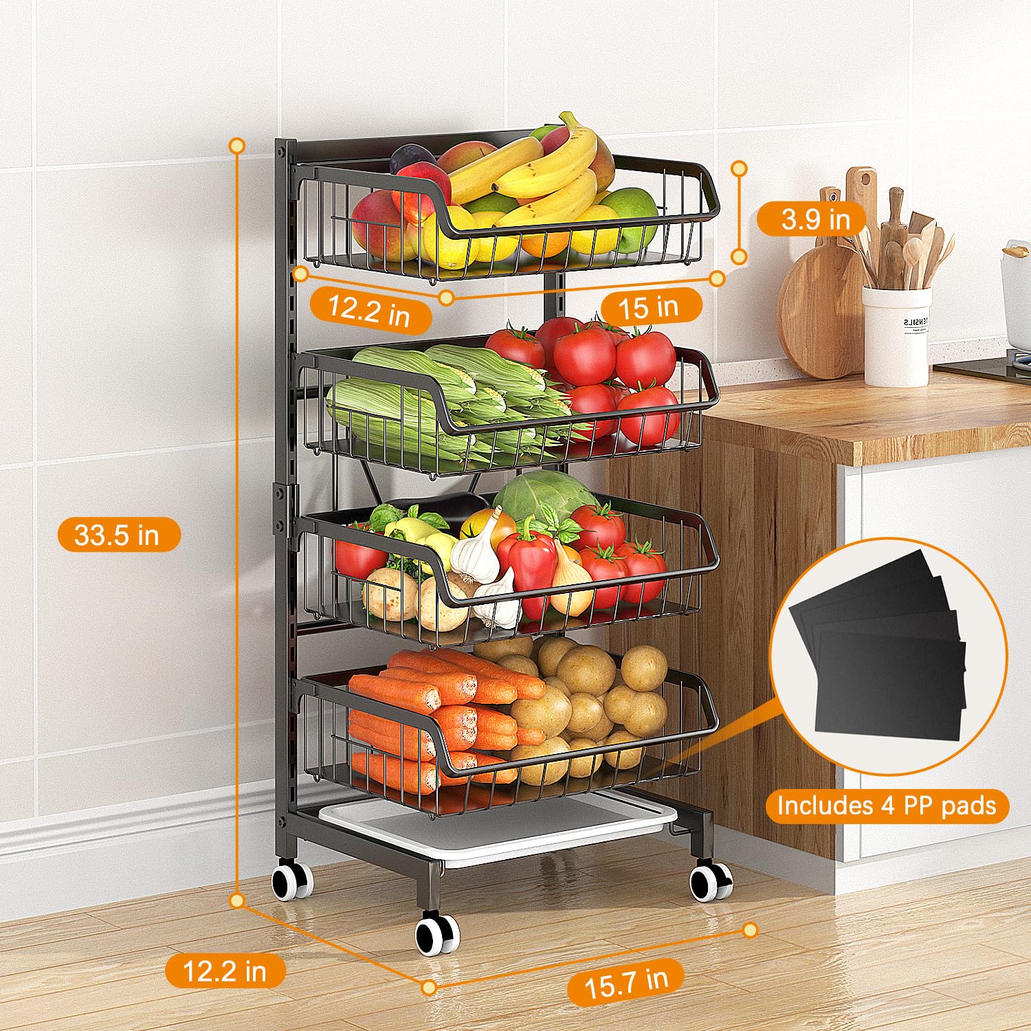 4-Tier Rolling Kitchen Cart with Wheels - Adjustable Metal Wire Storage Organizer for Fruits, Vegetables, Pantry & Utility Room - Black Snack Basket Rack (Handle Not Included) - Perfect for Small Spaces, Dorm Rooms & Kitchen Organization