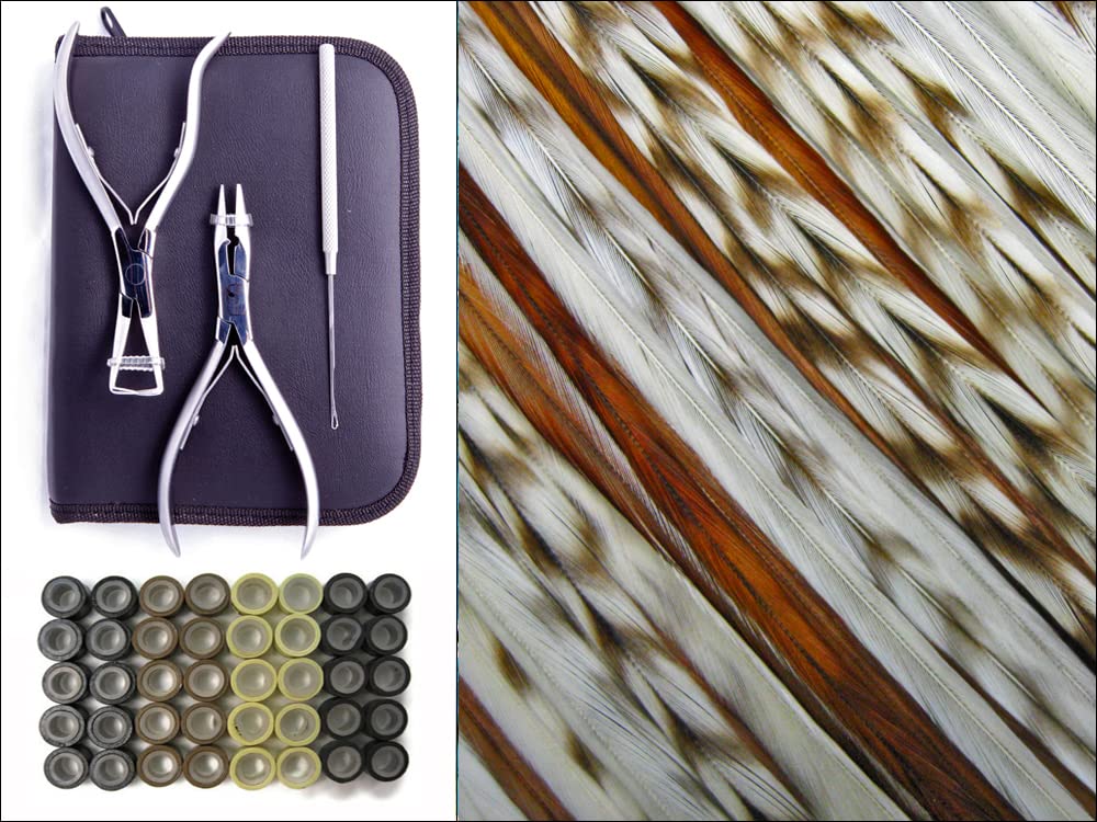 Cookies & Cream Mix Pack - Premium Hair Extension Whitening Kit with Stainless Steel Tools & Silicone Beads | Fly Tying Rooster Saddle Feathers by Moonlight Feather | Perfect for DIY Hair Extensions, Cosplay, and Fly Fishing Accessories