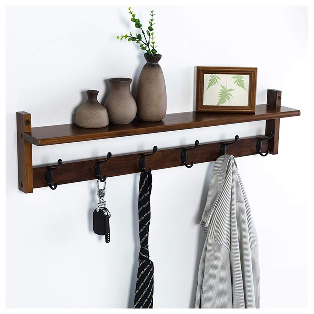 Modern Wooden Wall Mounted Coat Rack with 6 Hooks & Storage Shelf - Multi-Purpose Entryway Organizer for Hanging Coats, Keys, Towels & Robes - Perfect for Bathroom, Kitchen, Bedroom & Hallway Closet Organization (Brown)