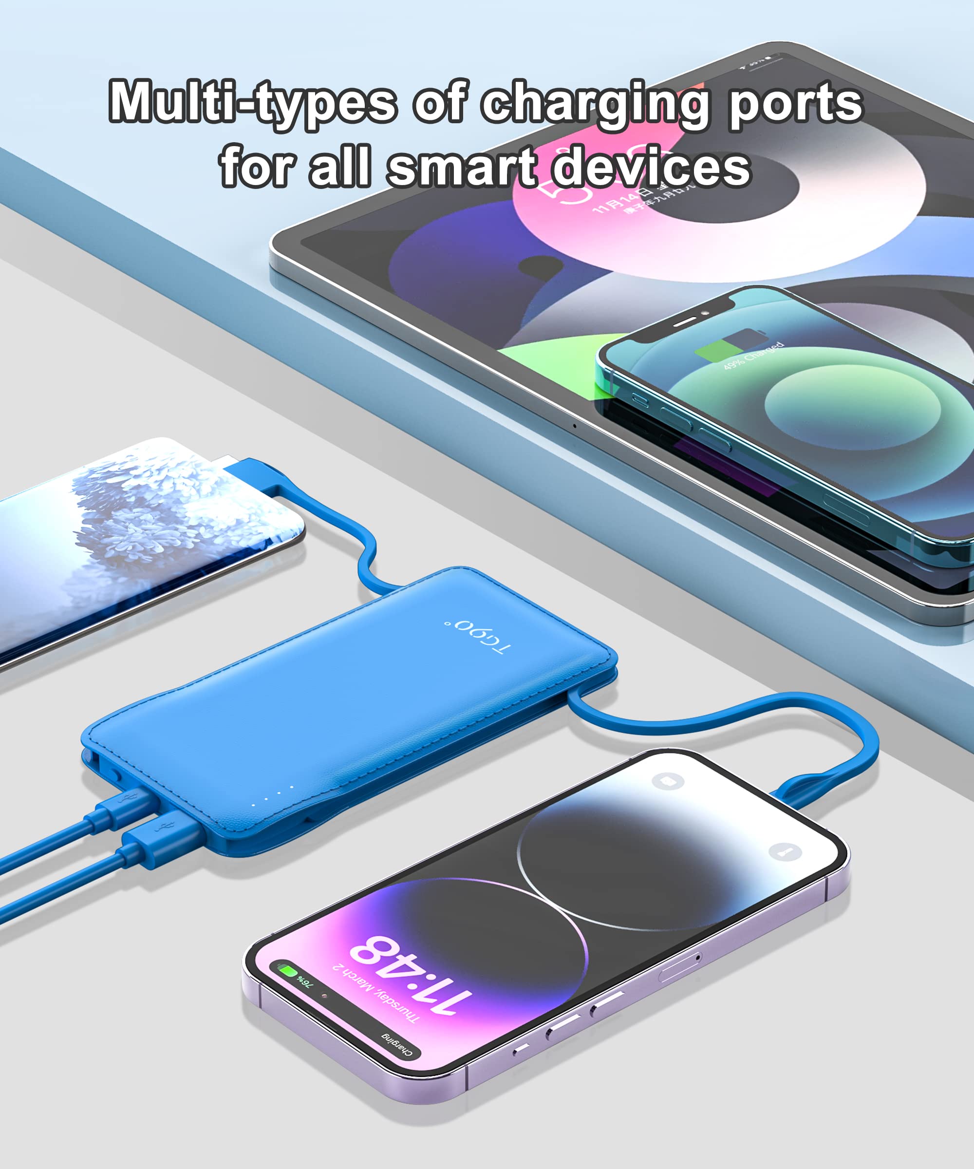 TG90° 10000mAh Power Bank with Built-in Cables - Portable Charger for iPhone & Android Phones | Fast Charging Battery Pack for Travel, Camping & Emergency Power Backup