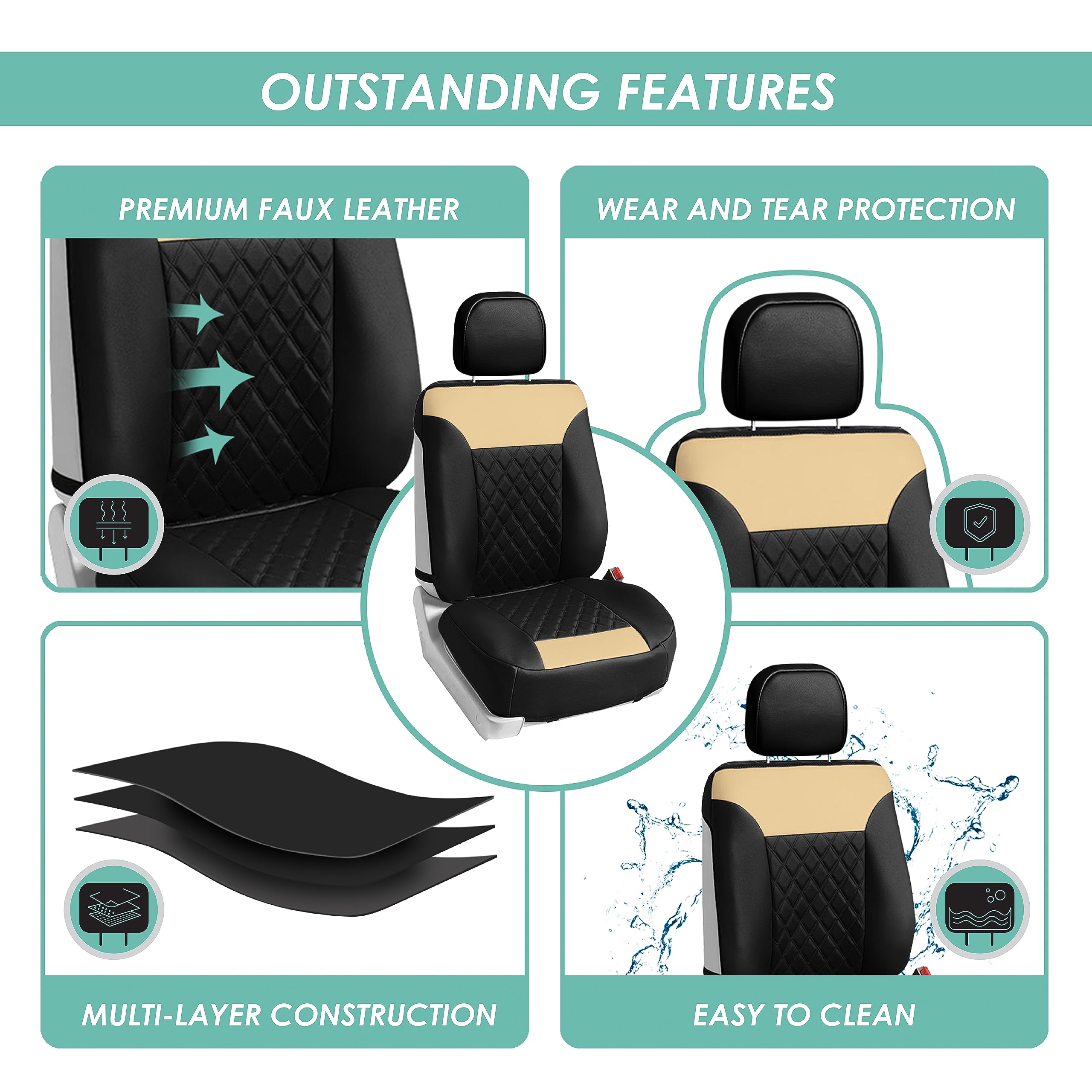 FH Group Universal Low Back Faux Leather Car Seat Covers - Front Set with Removable Headrest, Airbag Compatible for SUV, Truck & Sedan (Beige/Black) - Perfect for Commuting, Road Trips & Daily Driving Protection