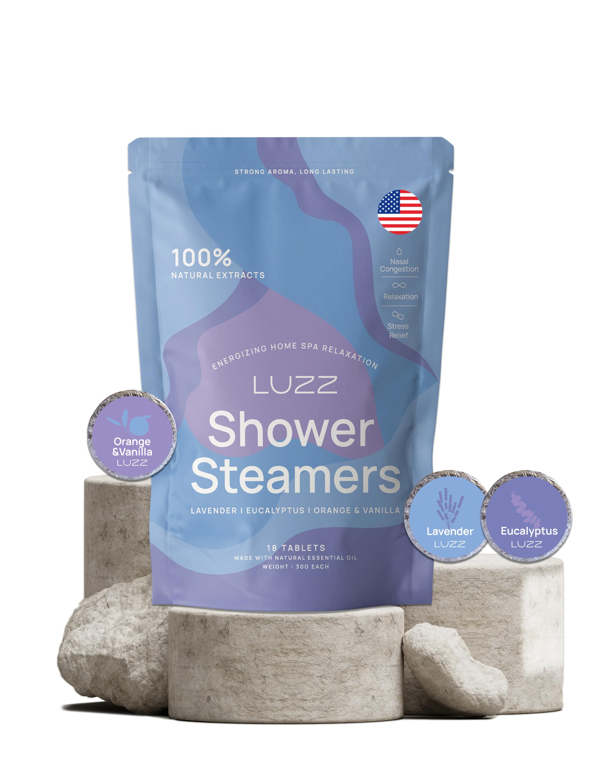 18 Pack LUZZ Aromatherapy Shower Steamers - Eucalyptus, Lavender & Orange Vanilla Scented Shower Tablets for Stress Relief & Self Care - Relaxing Bath Essentials, Perfect for Spa Nights, Birthday Gifts & Small Luxury Treats